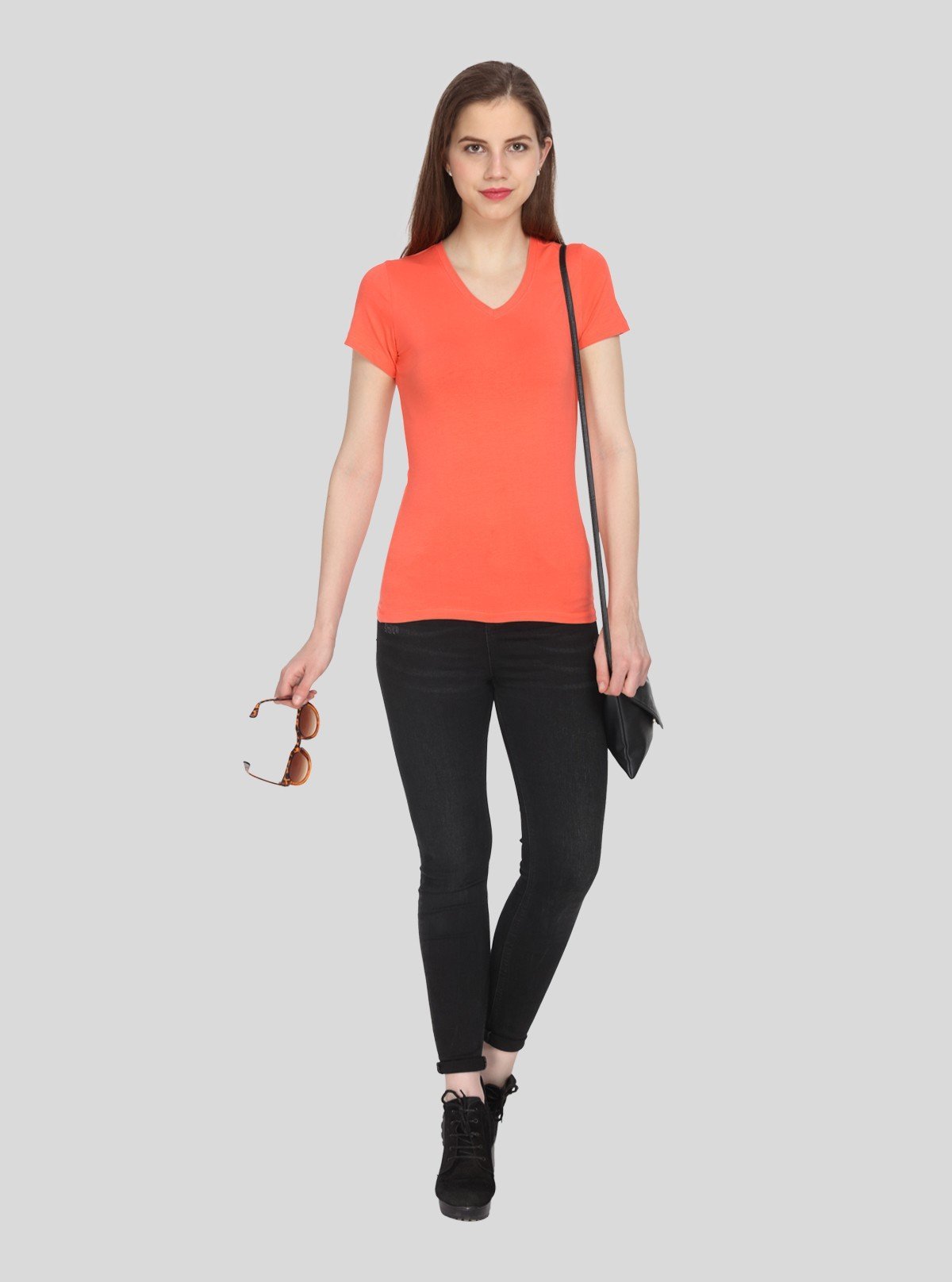 Women’s Solid Orange V - Neck T-Shirt – Casual Cotton Tee | Boer & Fitch - Boer and Fitch