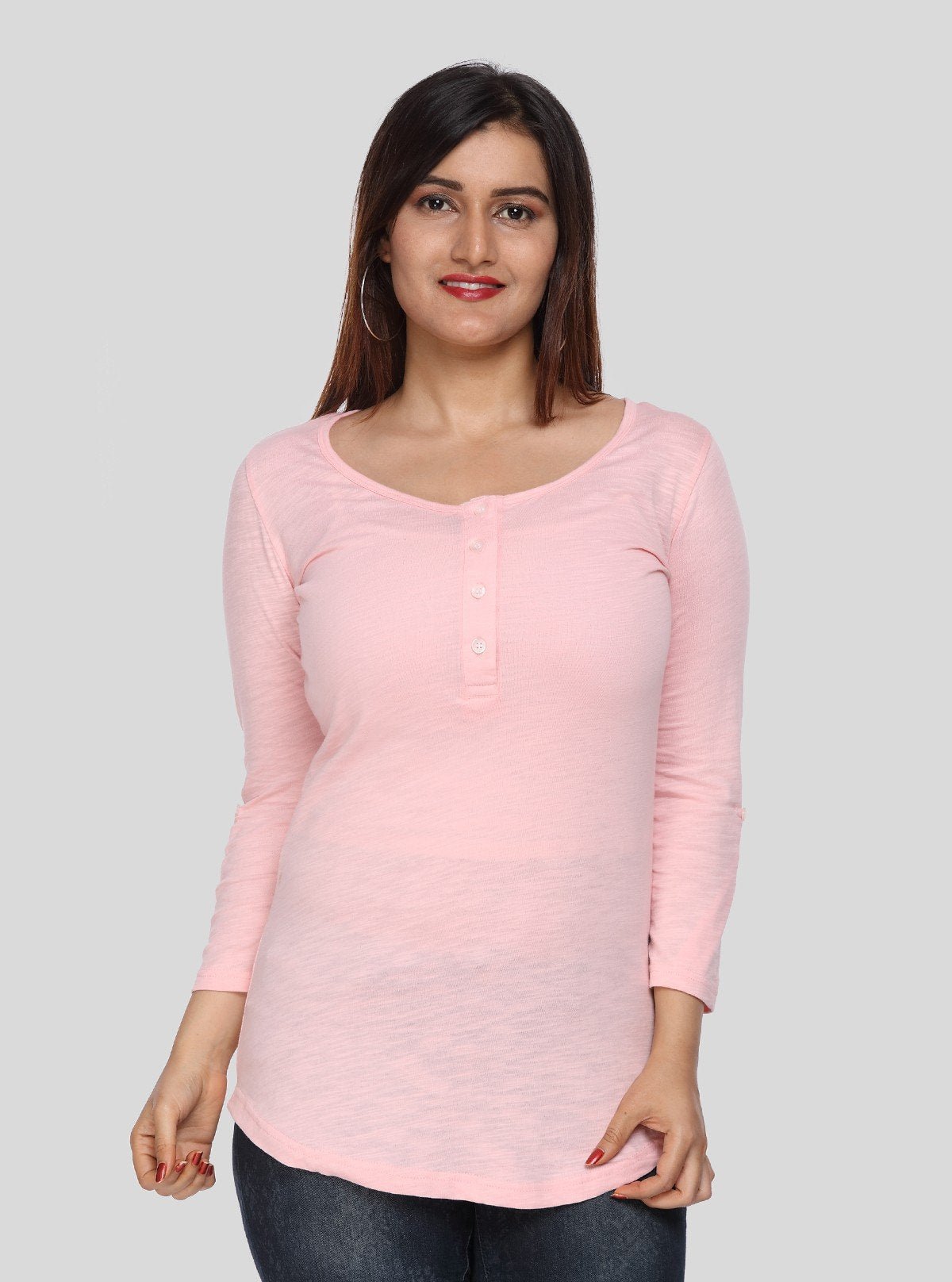 Women's Solid Pink Buttoned Cotton Slub Jersey Long Sleeve Top | Boer & Fitch - Boer and Fitch