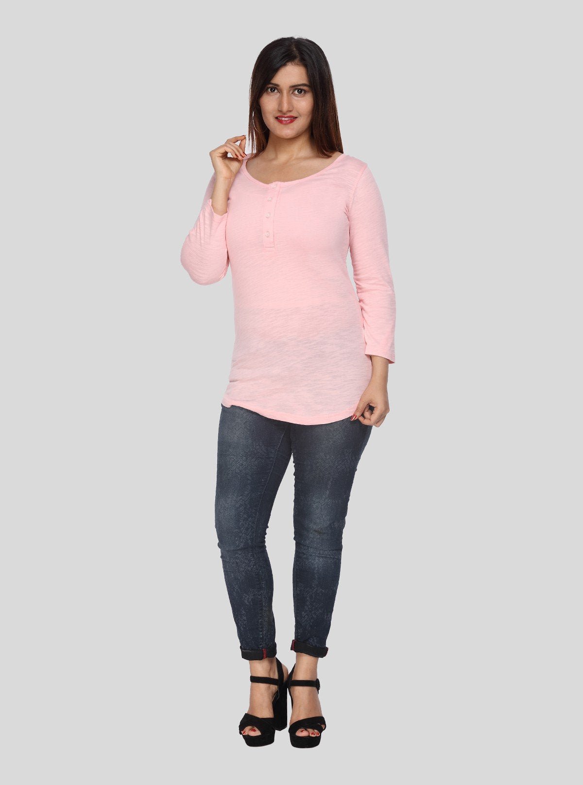 Women's Solid Pink Buttoned Cotton Slub Jersey Long Sleeve Top | Boer & Fitch - Boer and Fitch