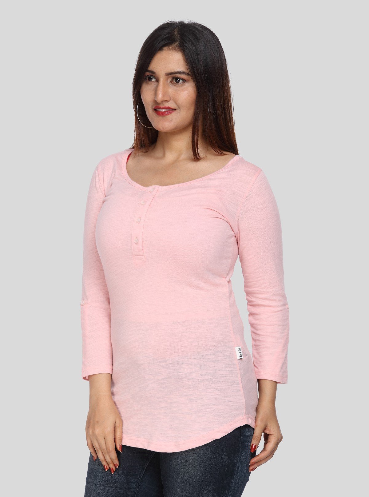 Women's Solid Pink Buttoned Cotton Slub Jersey Long Sleeve Top | Boer & Fitch - Boer and Fitch