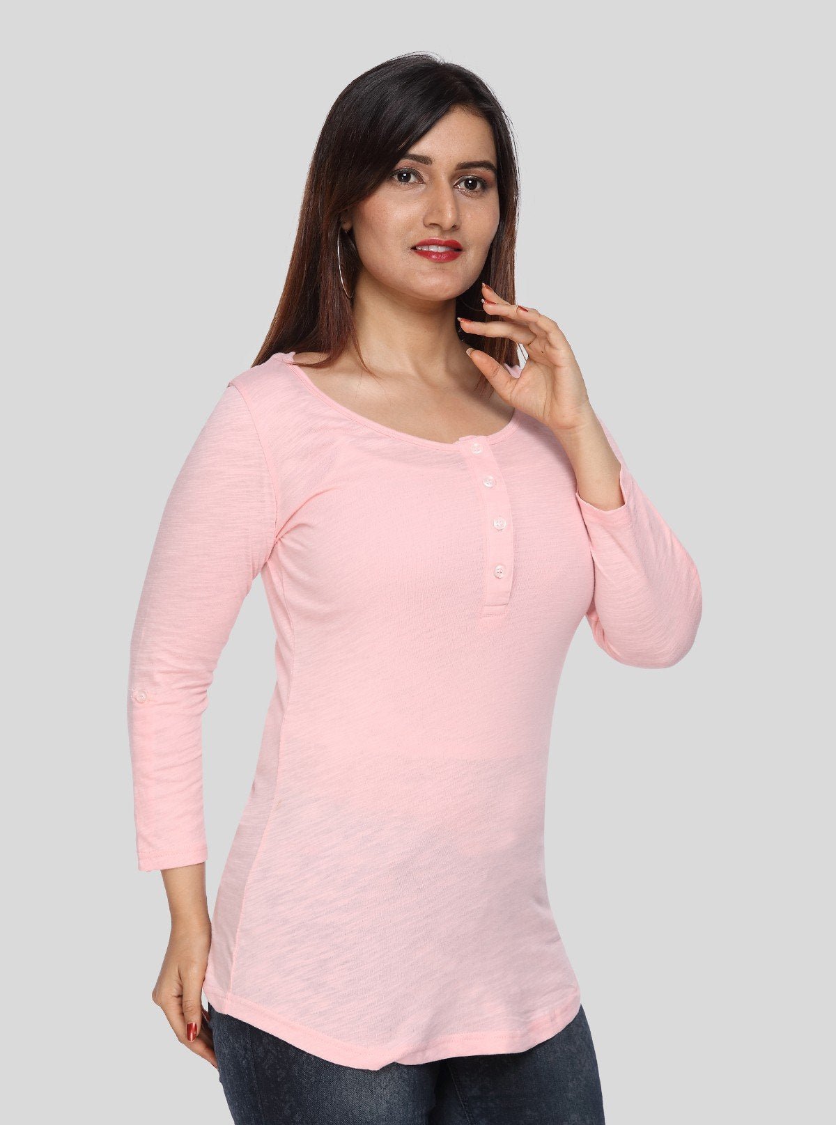 Women's Solid Pink Buttoned Cotton Slub Jersey Long Sleeve Top | Boer & Fitch - Boer and Fitch