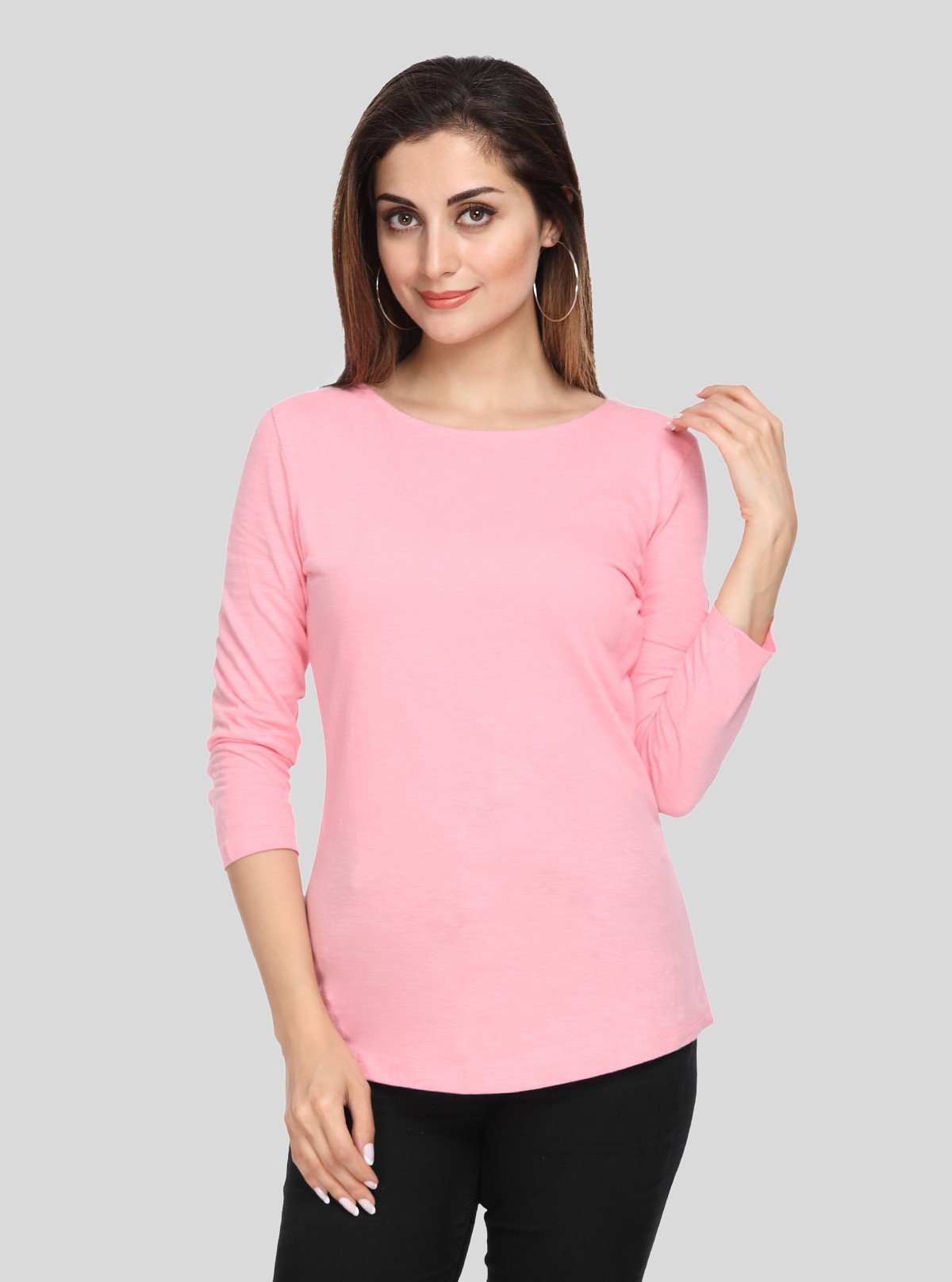 Women's Solid Pink Scoop Neck Long Sleeve Top – Cotton Jersey Slub Knit - Boer and Fitch