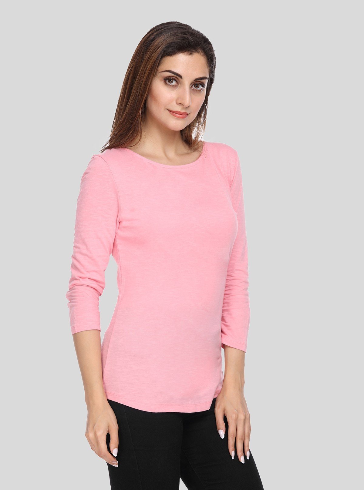 Women's Solid Pink Scoop Neck Long Sleeve Top – Cotton Jersey Slub Knit - Boer and Fitch