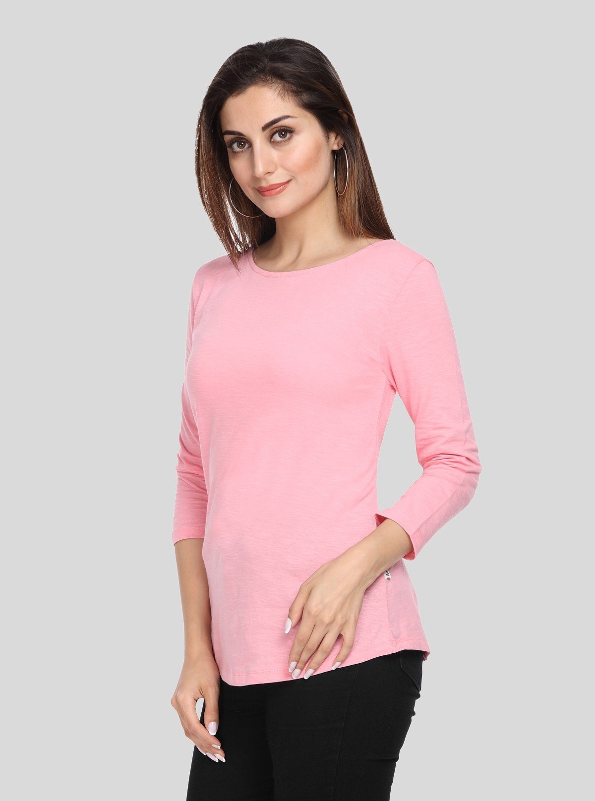 Women's Solid Pink Scoop Neck Long Sleeve Top – Cotton Jersey Slub Knit - Boer and Fitch