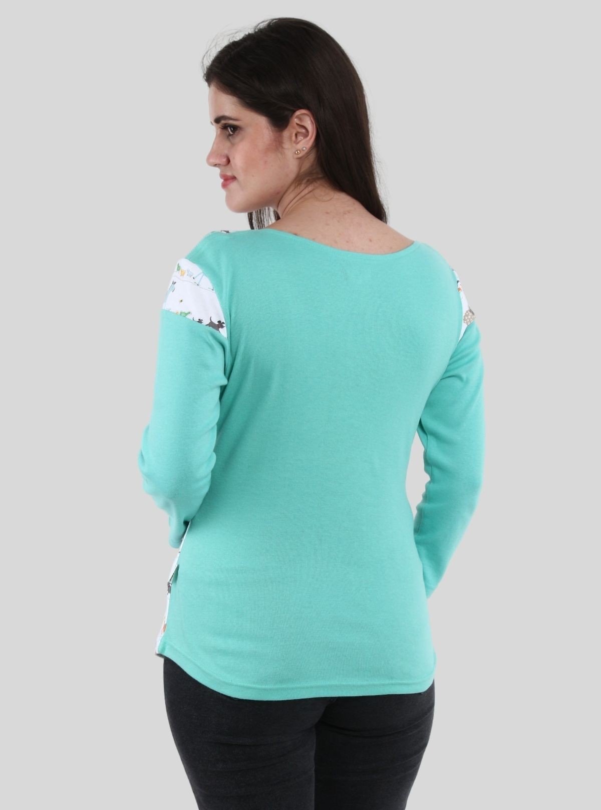 Women’s Turquoise Animal Print Long Sleeve Scoop Neck Top – Cotton Rib Knit - Boer and Fitch