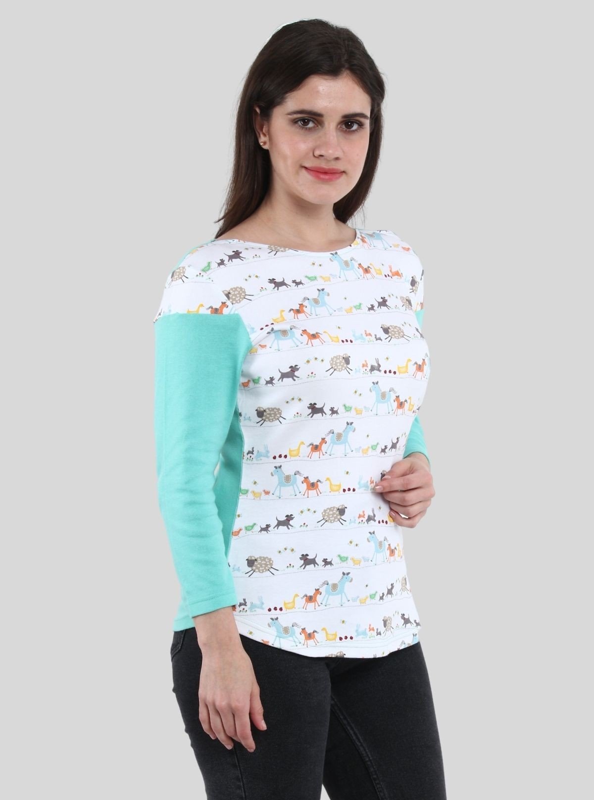 Women’s Turquoise Animal Print Long Sleeve Scoop Neck Top – Cotton Rib Knit - Boer and Fitch