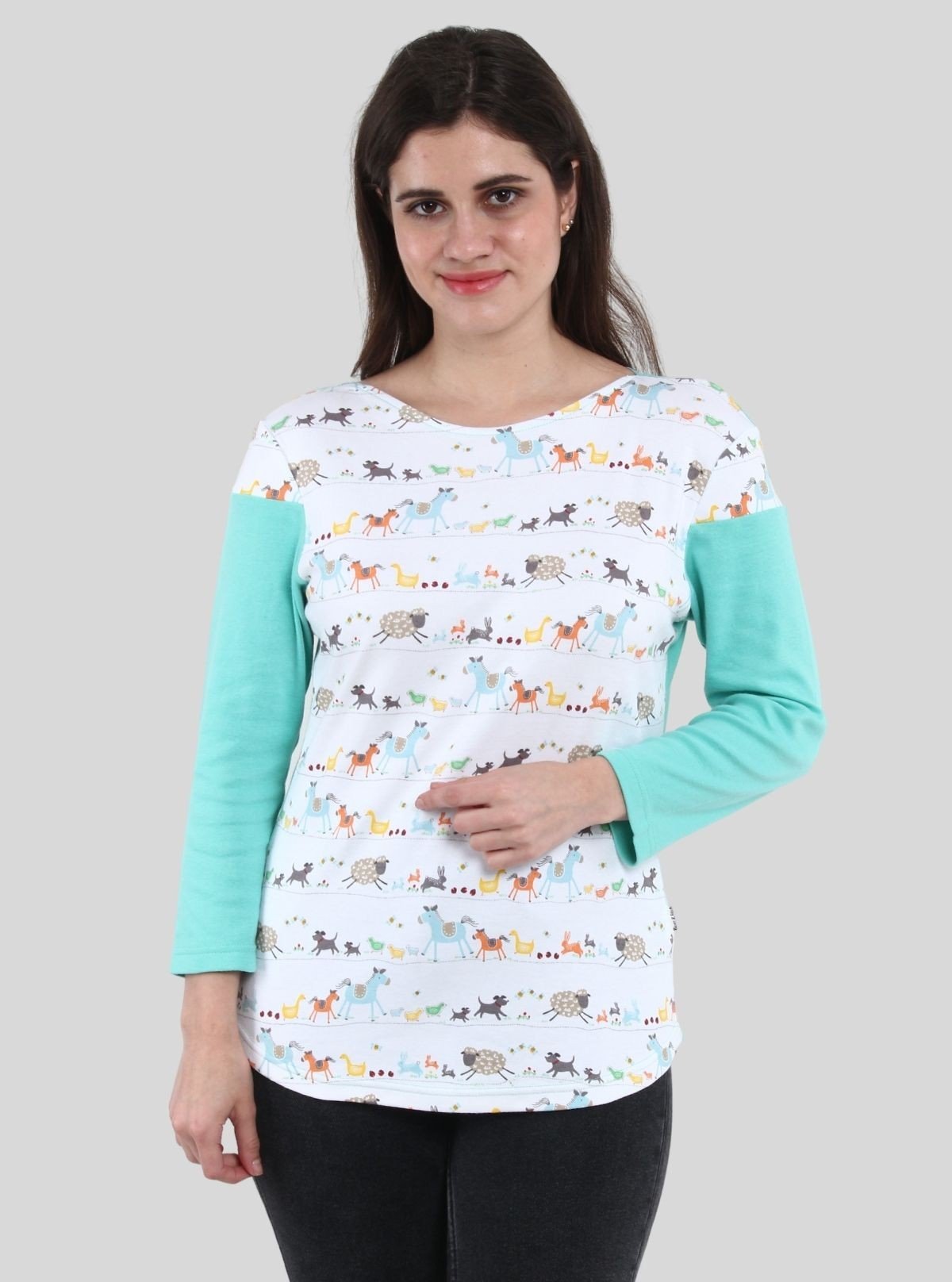 Women’s Turquoise Animal Print Long Sleeve Scoop Neck Top – Cotton Rib Knit - Boer and Fitch