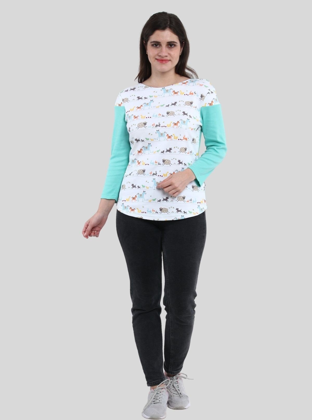 Women’s Turquoise Animal Print Long Sleeve Scoop Neck Top – Cotton Rib Knit - Boer and Fitch