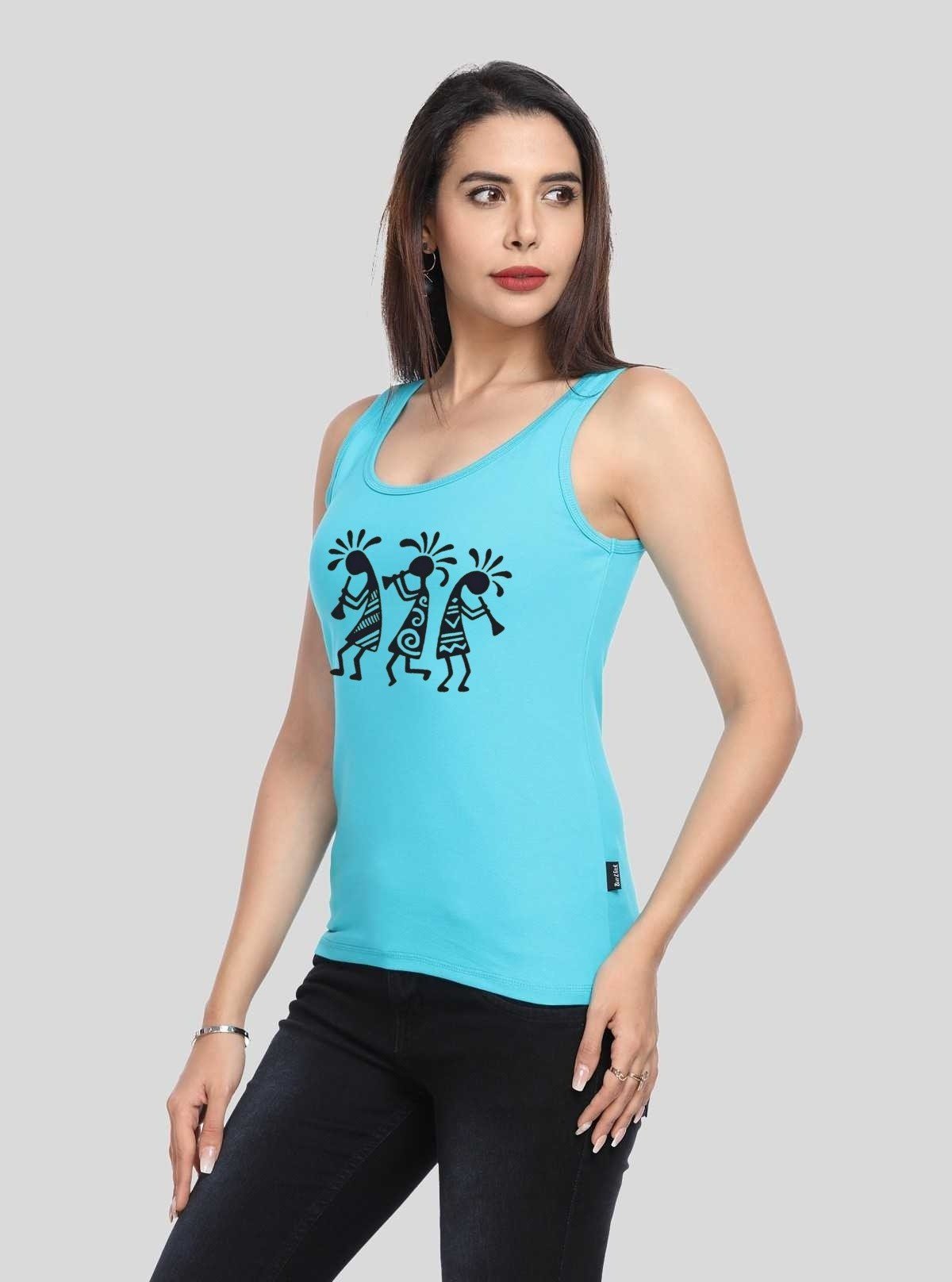 Women’s Turquoise Sleeveless Top with Musical Dude Print – Cotton Jersey by Boer and Fitch - Boer and Fitch