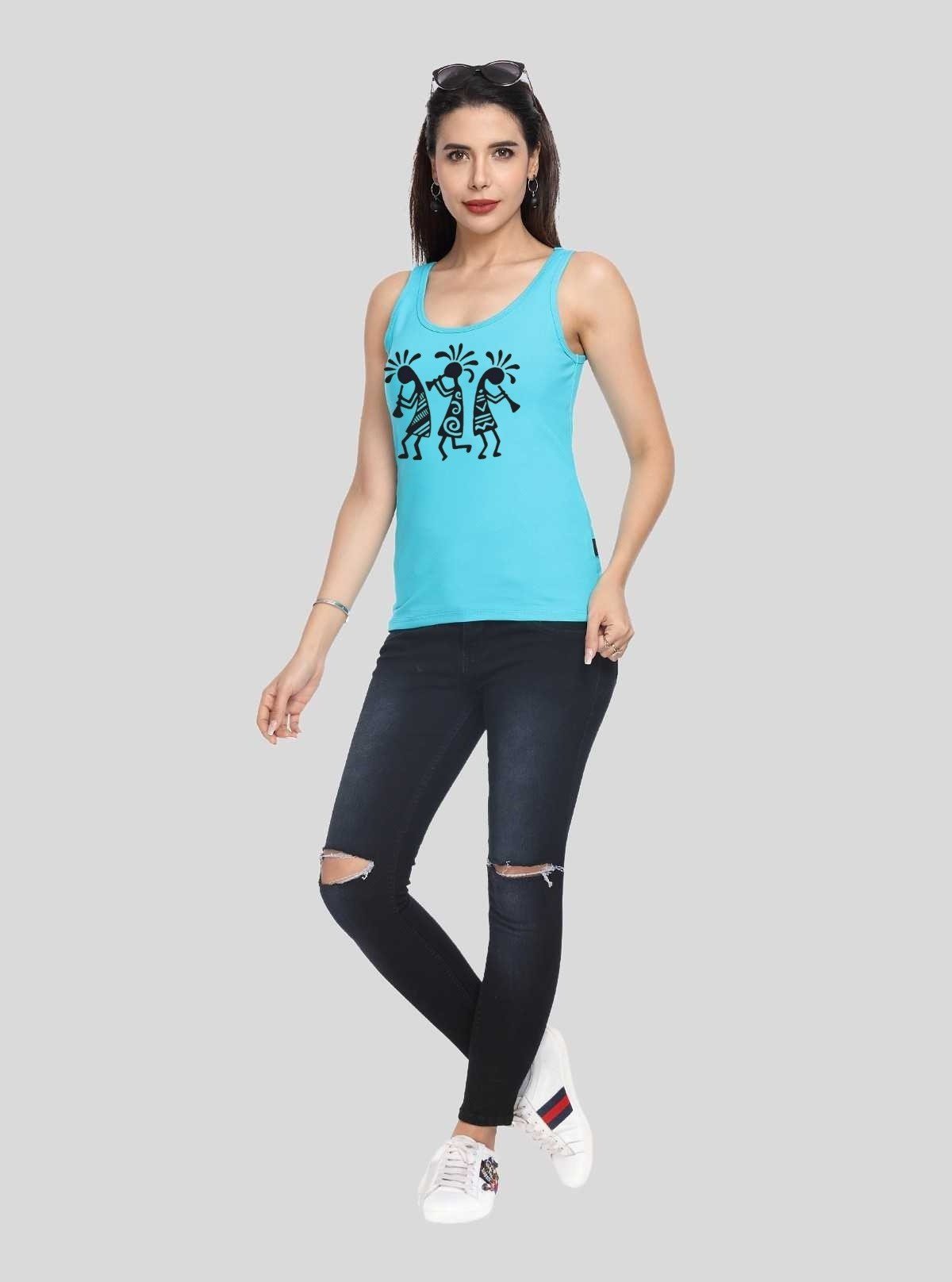 Women’s Turquoise Sleeveless Top with Musical Dude Print – Cotton Jersey by Boer and Fitch - Boer and Fitch