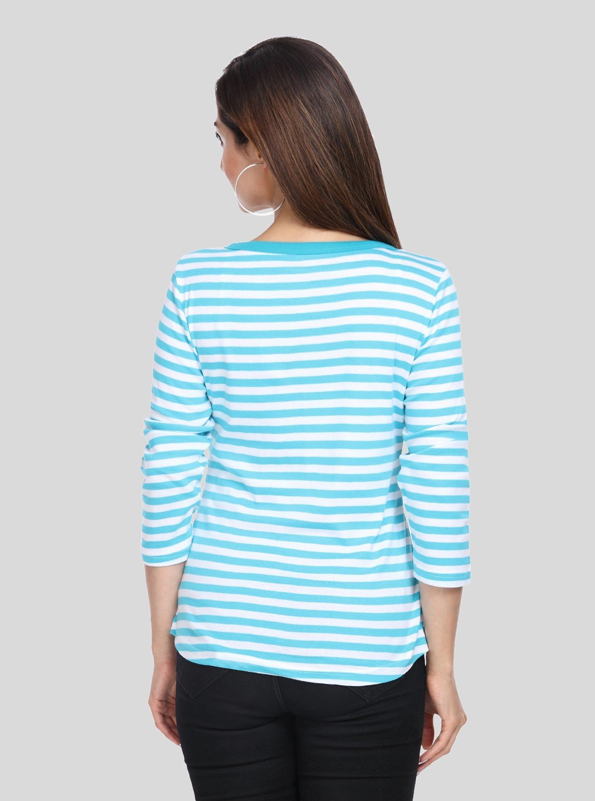 Women's Turquoise Striped Scoop Neck Top with Front Button | Boer & Fitch - Boer and Fitch