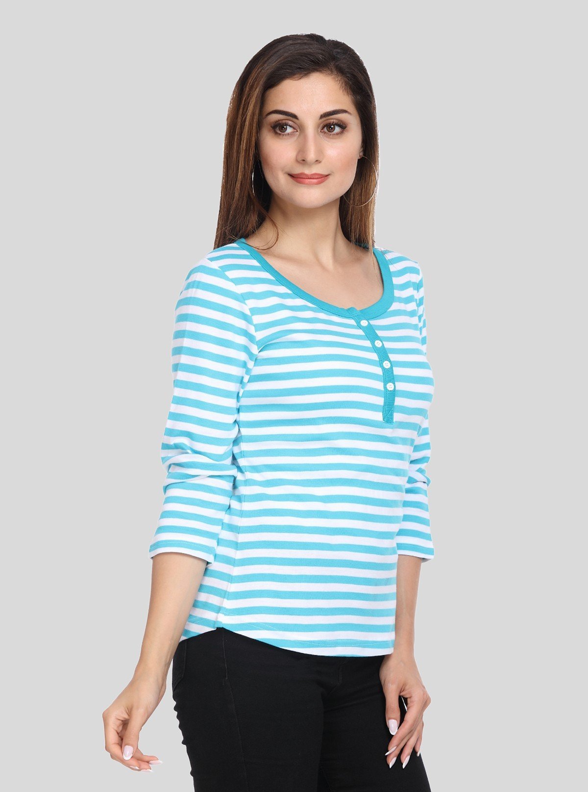 Women's Turquoise Striped Scoop Neck Top with Front Button | Boer & Fitch - Boer and Fitch