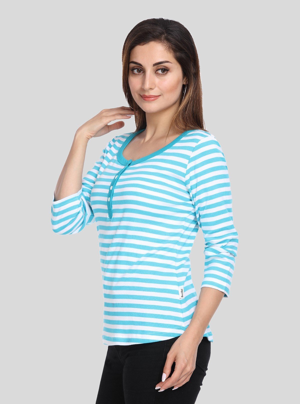 Women's Turquoise Striped Scoop Neck Top with Front Button | Boer & Fitch - Boer and Fitch