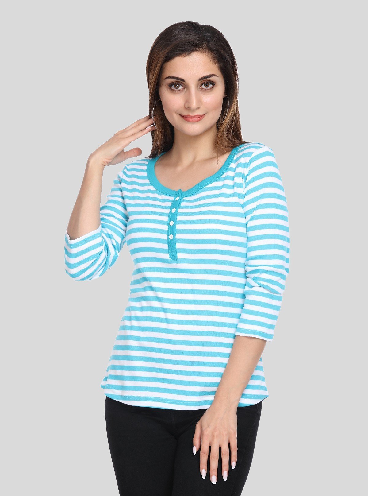 Women's Turquoise Striped Scoop Neck Top with Front Button | Boer & Fitch - Boer and Fitch