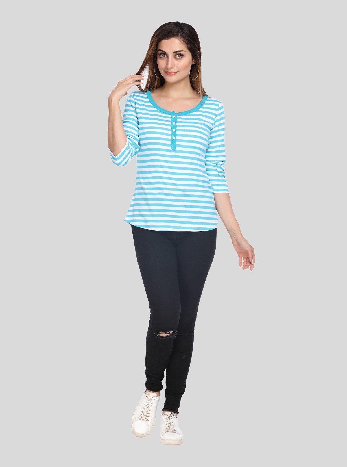 Women's Turquoise Striped Scoop Neck Top with Front Button | Boer & Fitch - Boer and Fitch