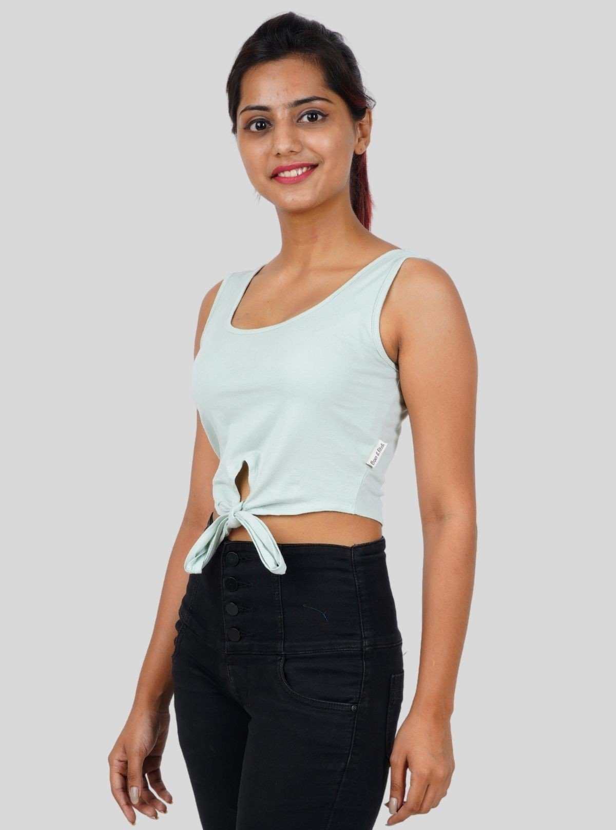 Women's Twisted Front Green Crop Top in Cotton Elastane – Stylish Fit - Boer and Fitch