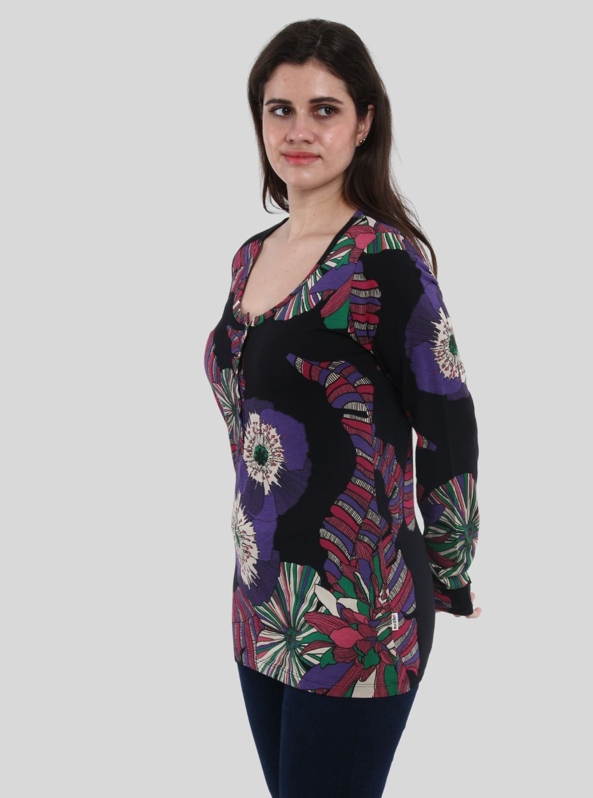 Women's Vintage Groove Floral Print Long Sleeve Cotton Jersey Top - Boer and Fitch