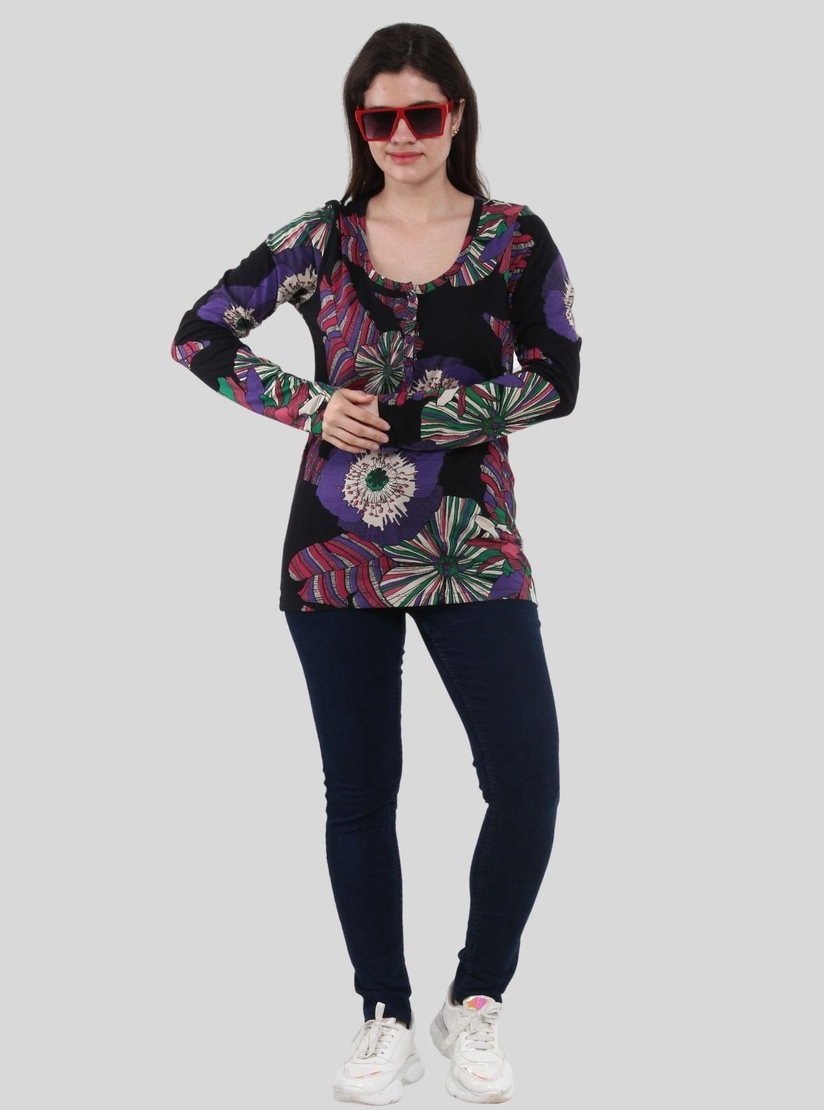 Women's Vintage Groove Floral Print Long Sleeve Cotton Jersey Top - Boer and Fitch