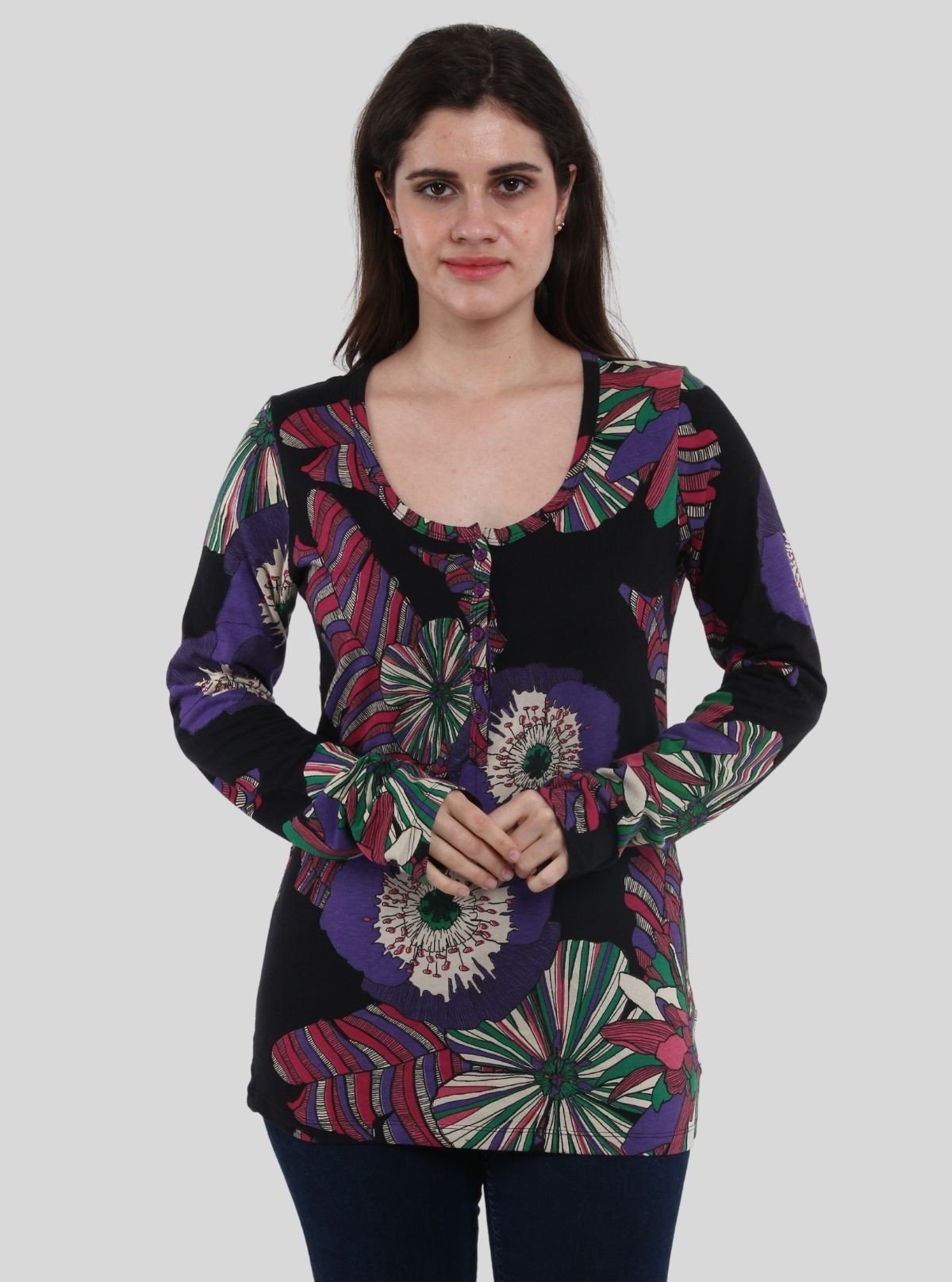 Women's Vintage Groove Floral Print Long Sleeve Cotton Jersey Top - Boer and Fitch
