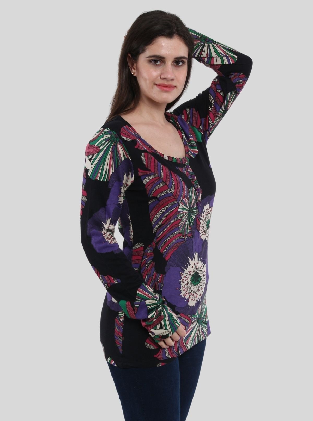 Women's Vintage Groove Floral Print Long Sleeve Cotton Jersey Top - Boer and Fitch