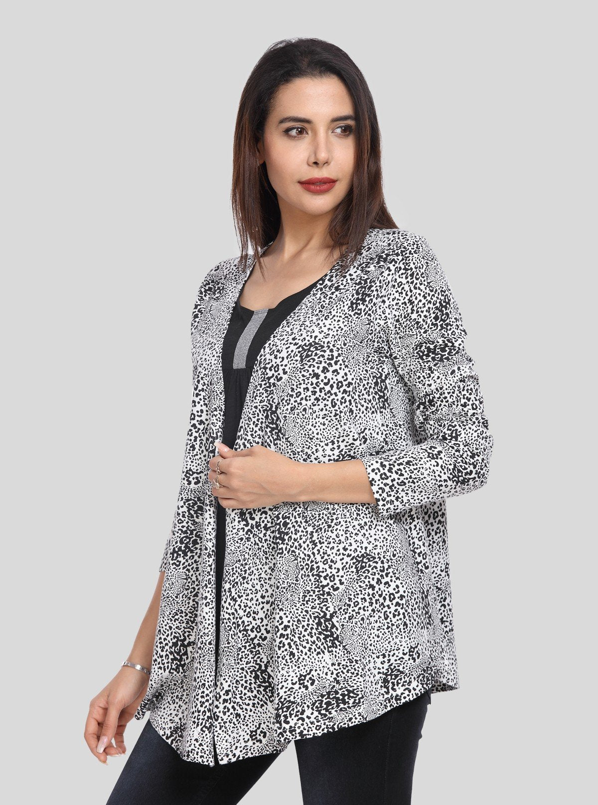 Women's White All Over Printed Cotton Shrug with Solid Black Inner - Boer and Fitch