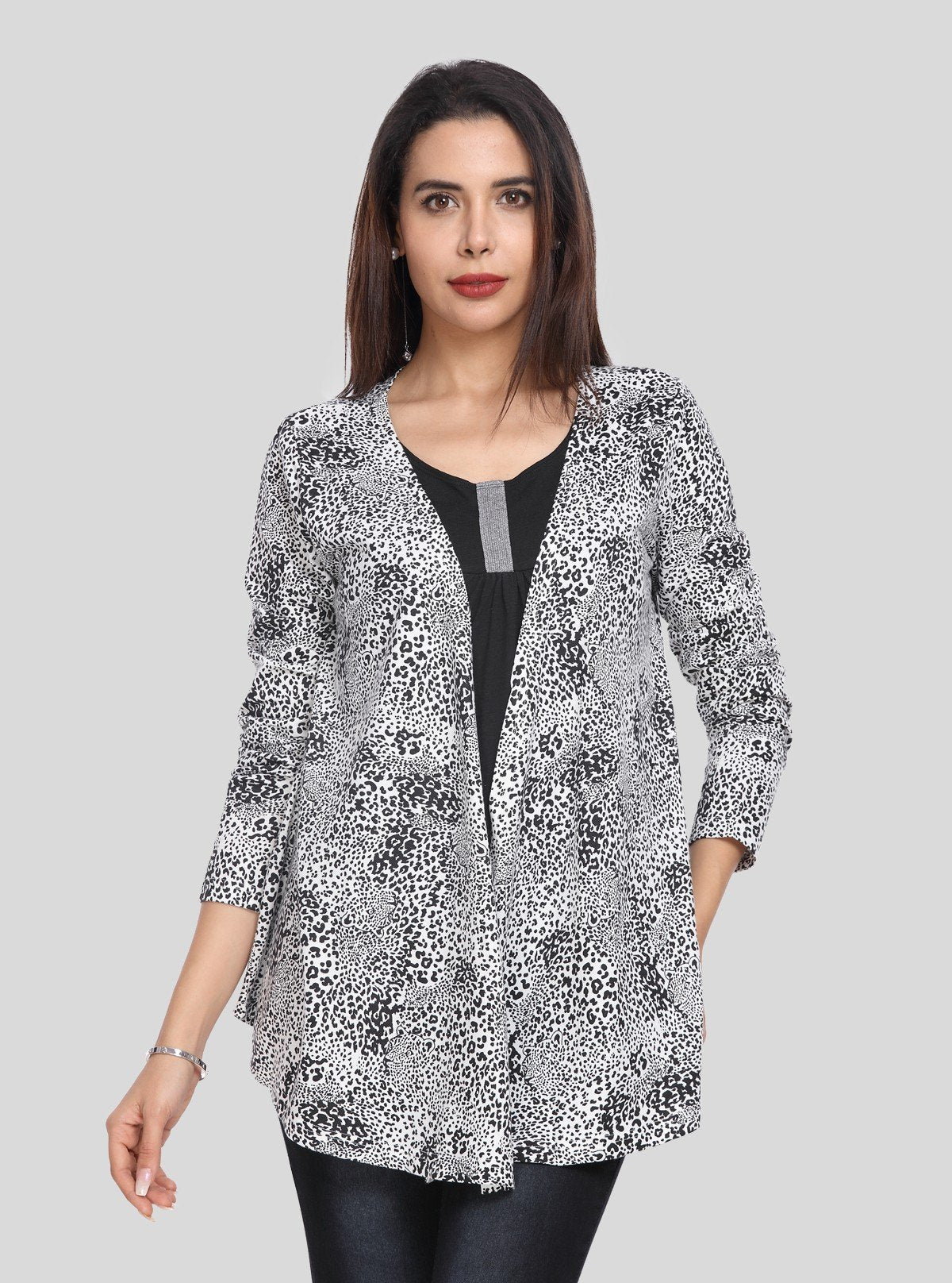 Women's White All Over Printed Cotton Shrug with Solid Black Inner - Boer and Fitch