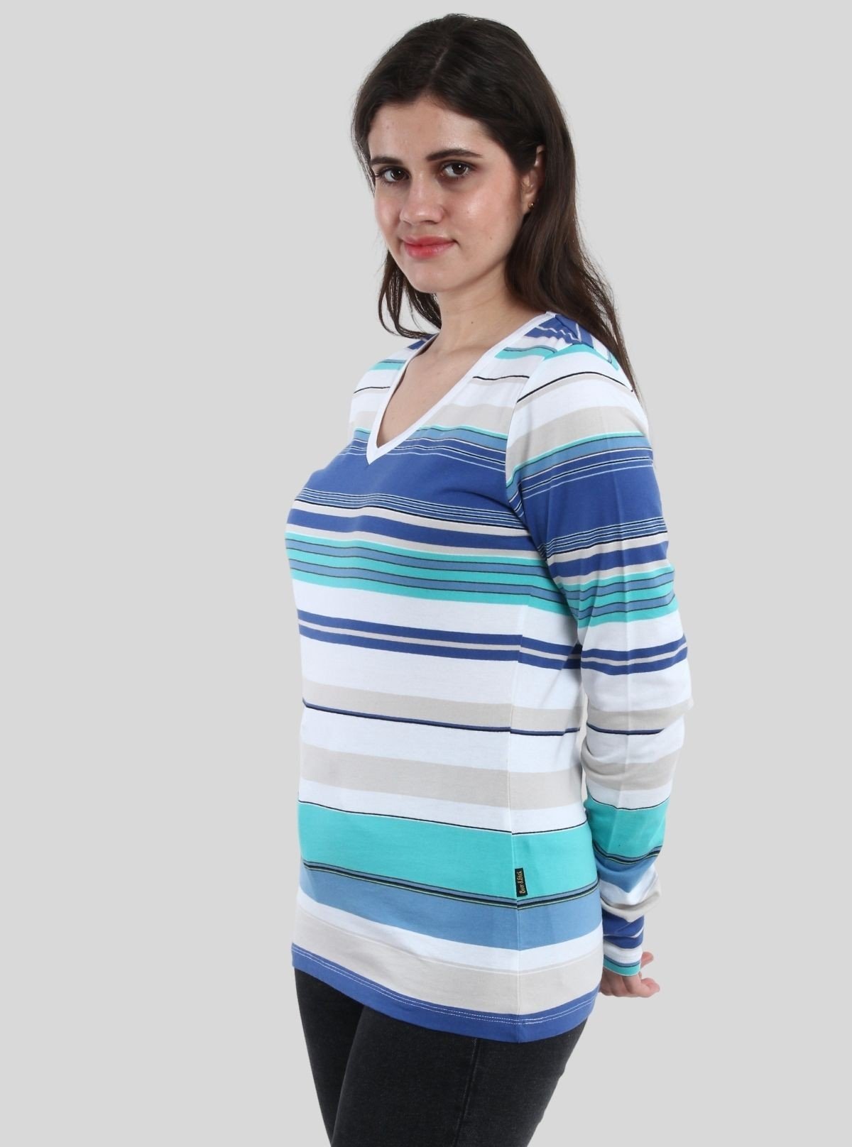 Women's White and Blue Striped Cotton Jersey Long Sleeve Top - Boer and Fitch