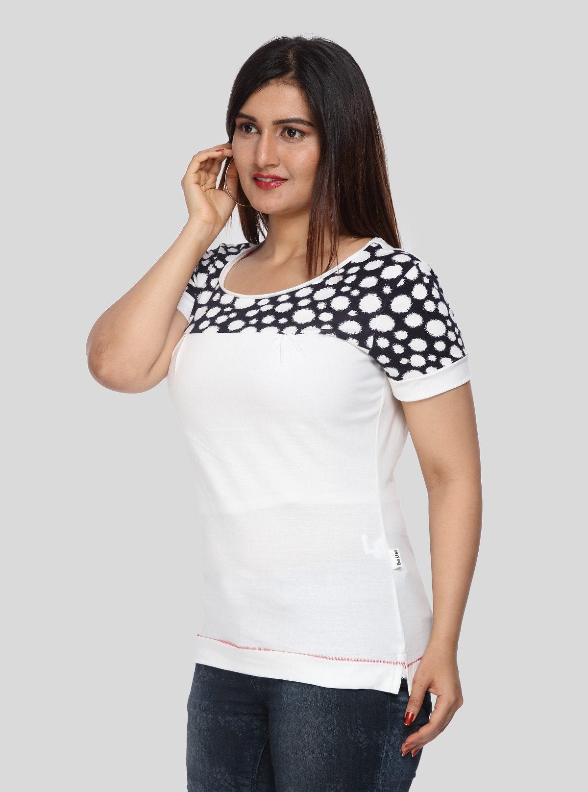 Women's White Broad Polka Dot Cut and Sew Cotton Jersey Top by Boer & Fitch - Boer and Fitch