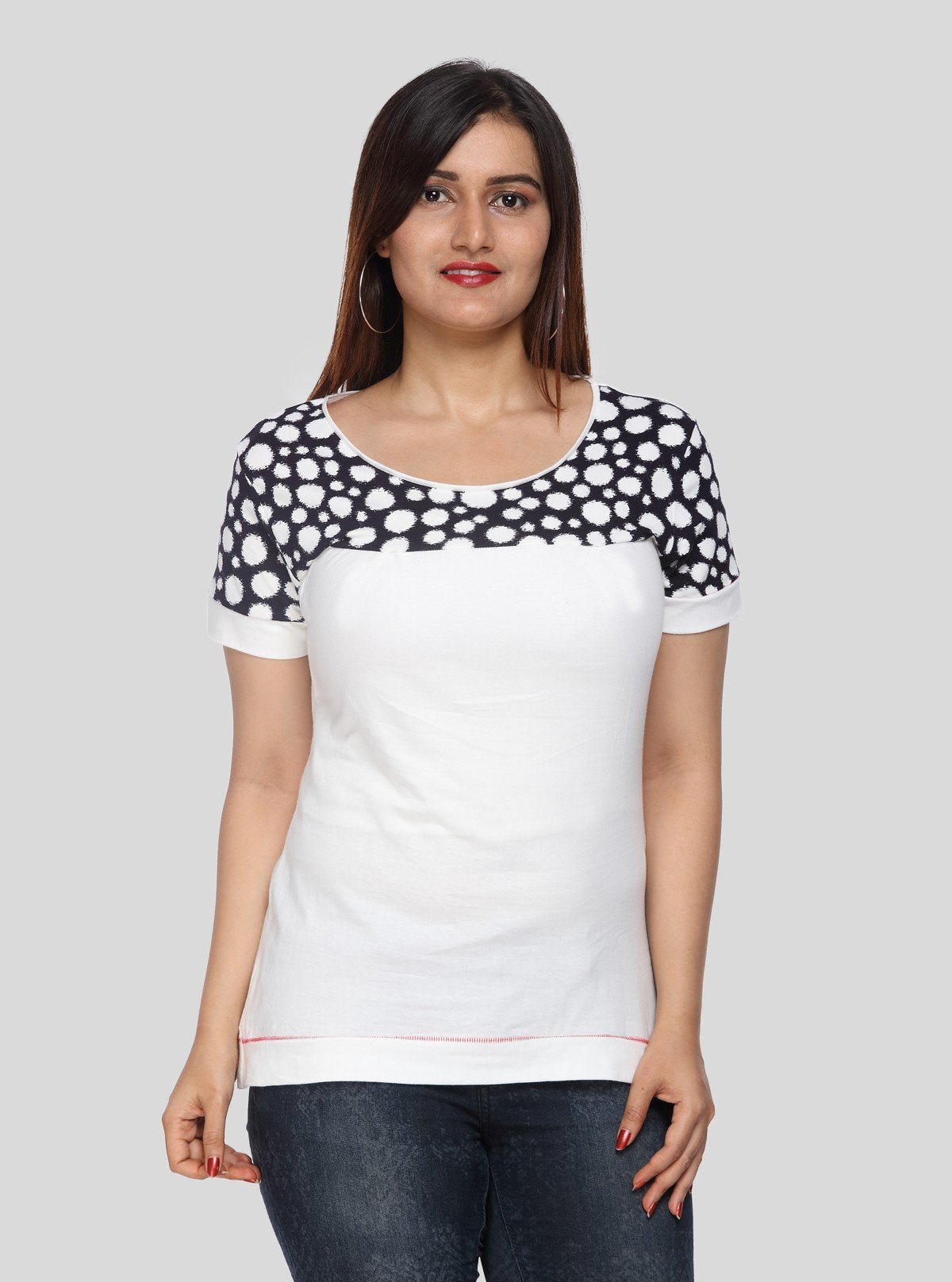 Women's White Broad Polka Dot Cut and Sew Cotton Jersey Top by Boer & Fitch - Boer and Fitch