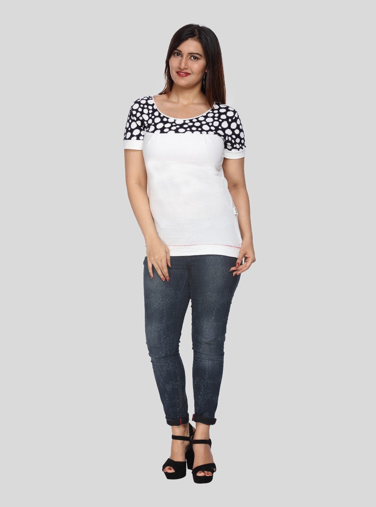 Women's White Broad Polka Dot Cut and Sew Cotton Jersey Top by Boer & Fitch - Boer and Fitch