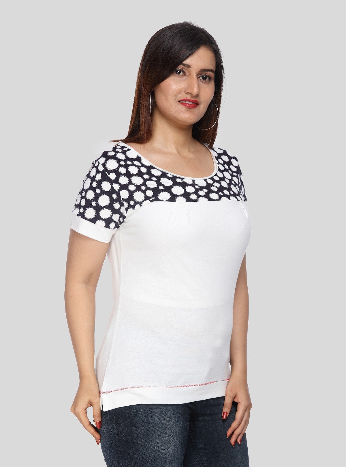 Women's White Broad Polka Dot Cut and Sew Cotton Jersey Top by Boer & Fitch - Boer and Fitch