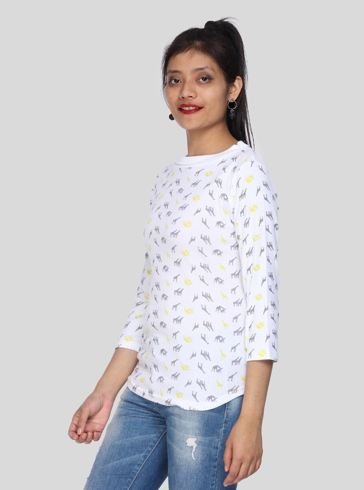 Women's White Camel Print 3/4 Sleeve Cotton Rib Knit Top | Boer & Fitch - Boer and Fitch