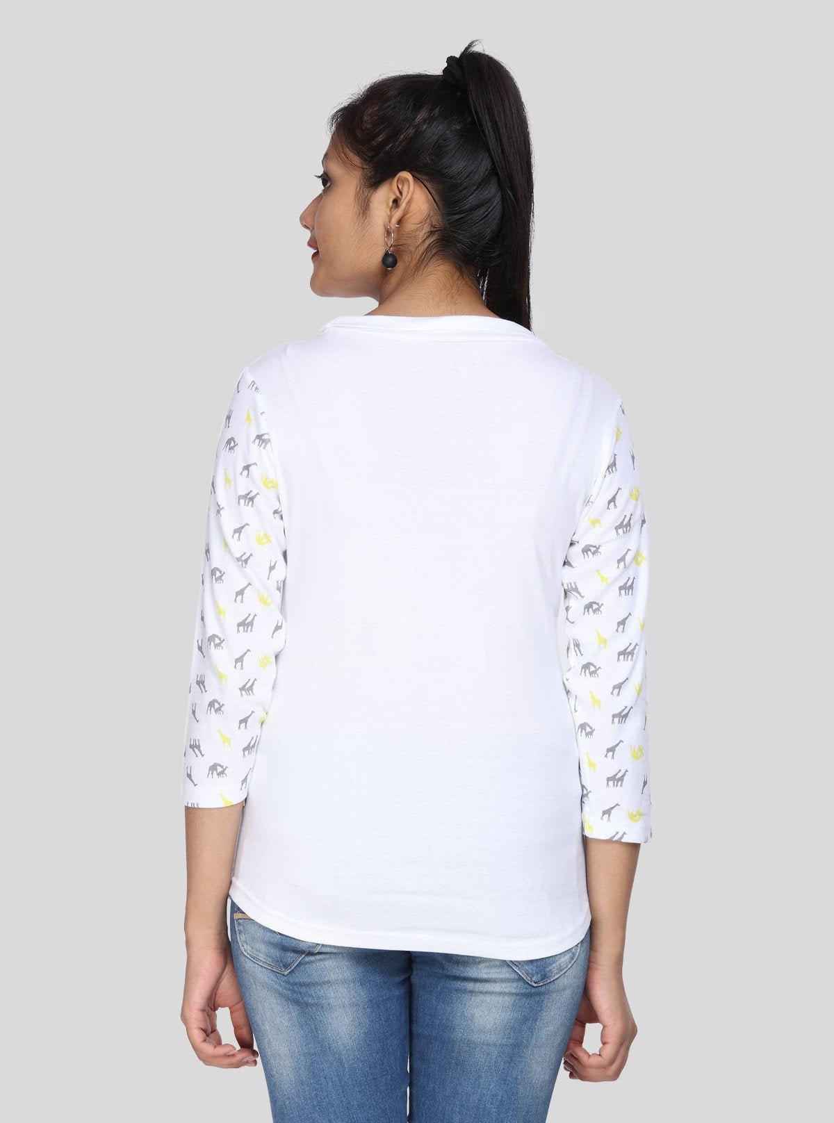 Women's White Camel Print 3/4 Sleeve Cotton Rib Knit Top | Boer & Fitch - Boer and Fitch