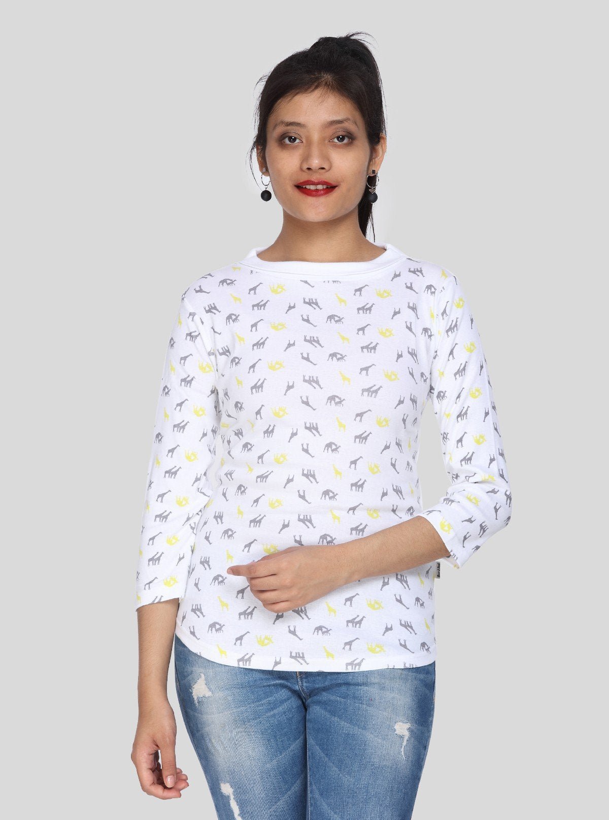 Women's White Camel Print 3/4 Sleeve Cotton Rib Knit Top | Boer & Fitch - Boer and Fitch