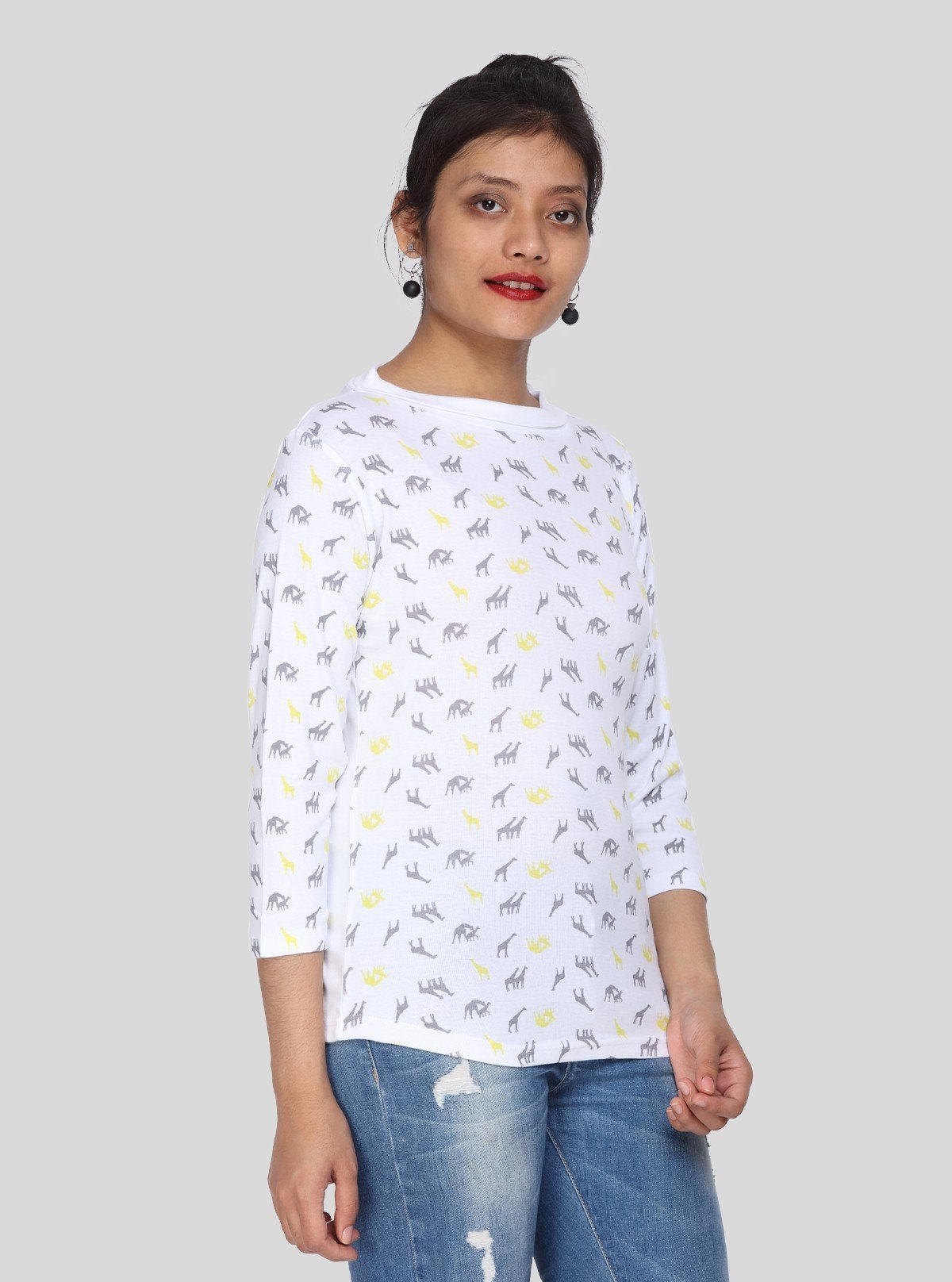 Women's White Camel Print 3/4 Sleeve Cotton Rib Knit Top | Boer & Fitch - Boer and Fitch