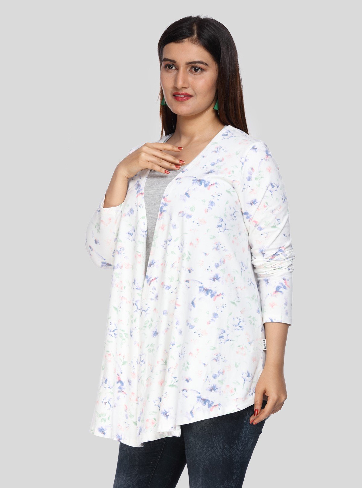 Women's White Cotton Shrug with All Over Blue Print – 100% Cotton - Boer and Fitch