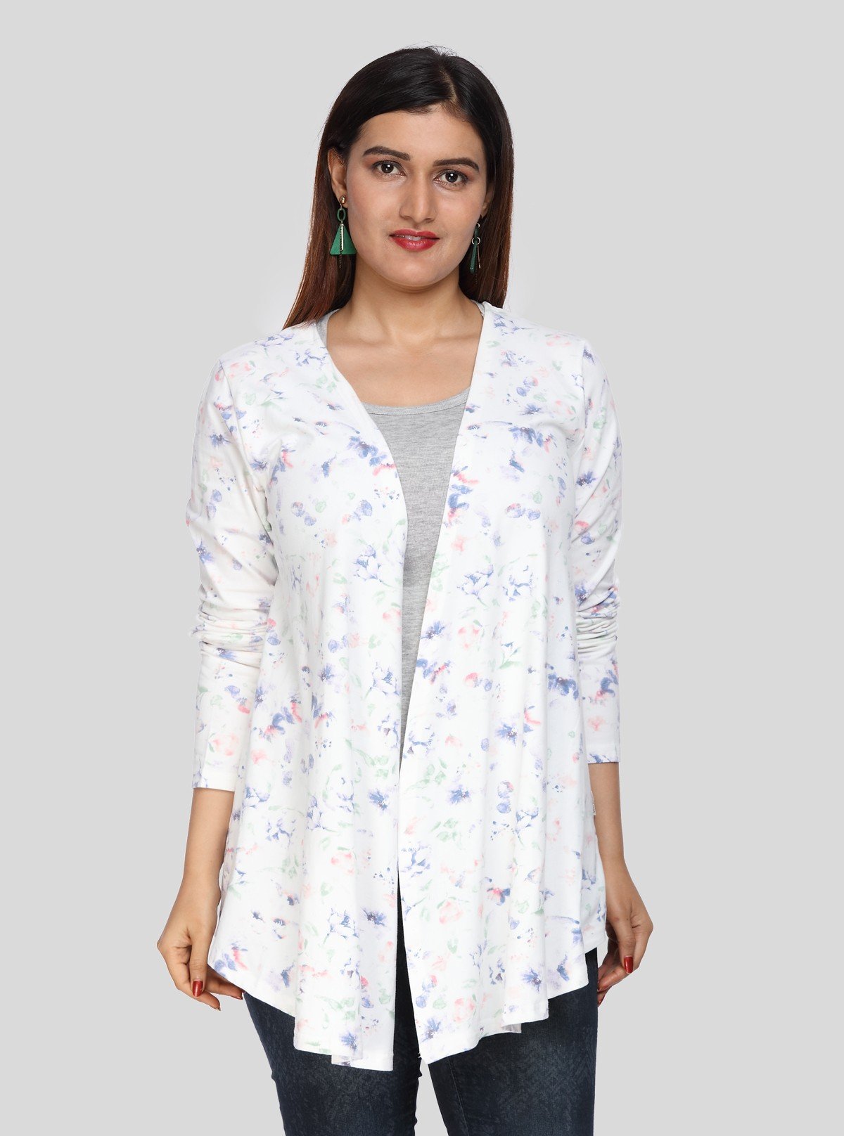 Women's White Cotton Shrug with All Over Blue Print – 100% Cotton - Boer and Fitch