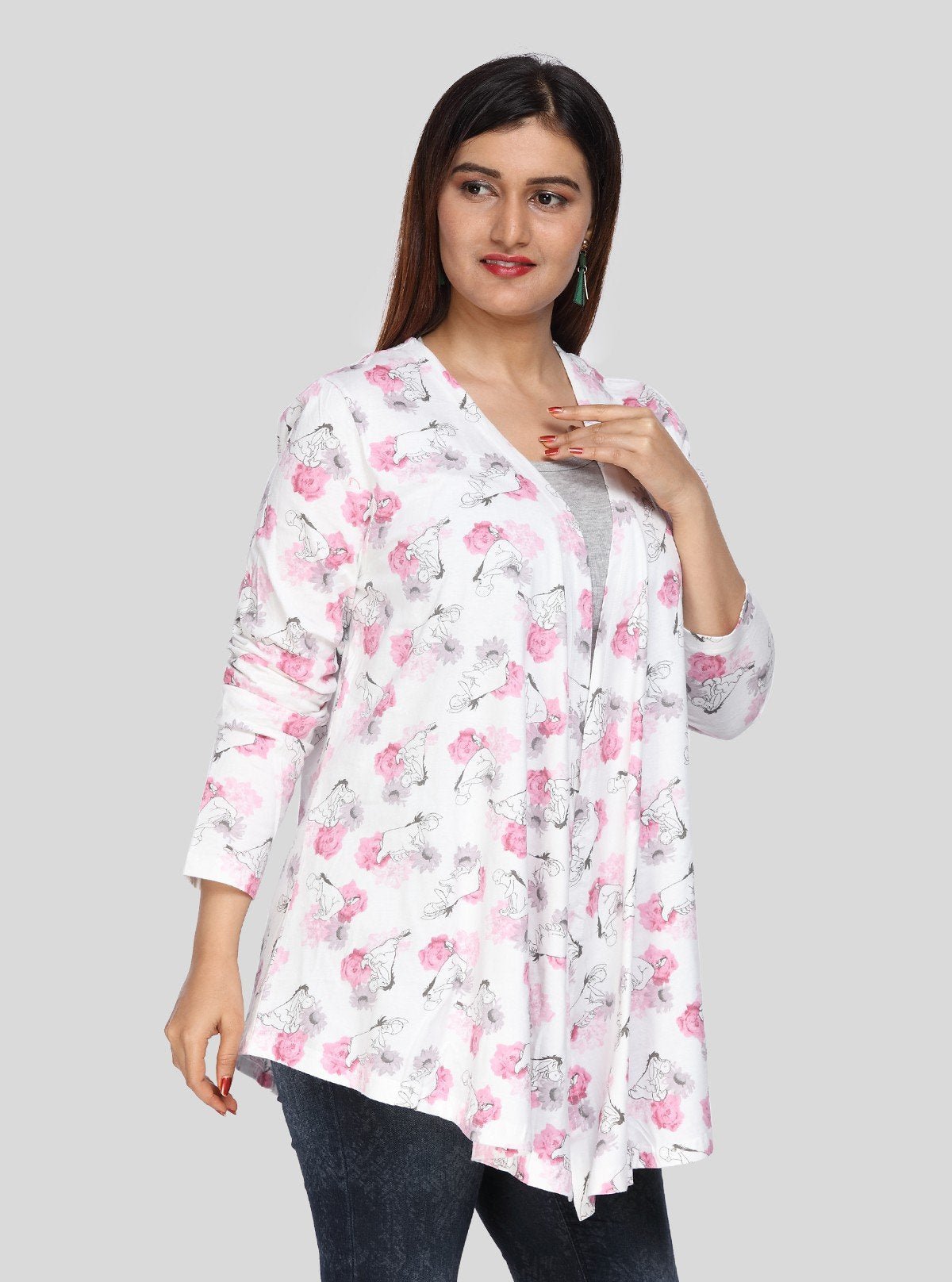 Women's White Cotton Shrug with All Over Pink Floral Print - Boer and Fitch