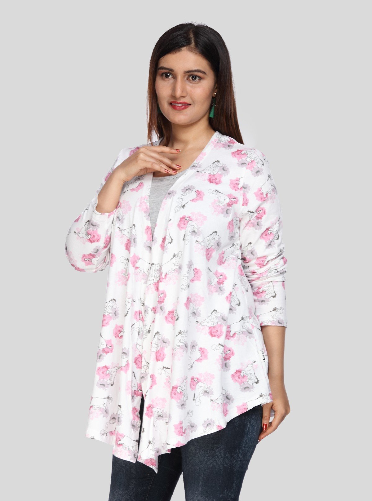 Women's White Cotton Shrug with All Over Pink Floral Print - Boer and Fitch