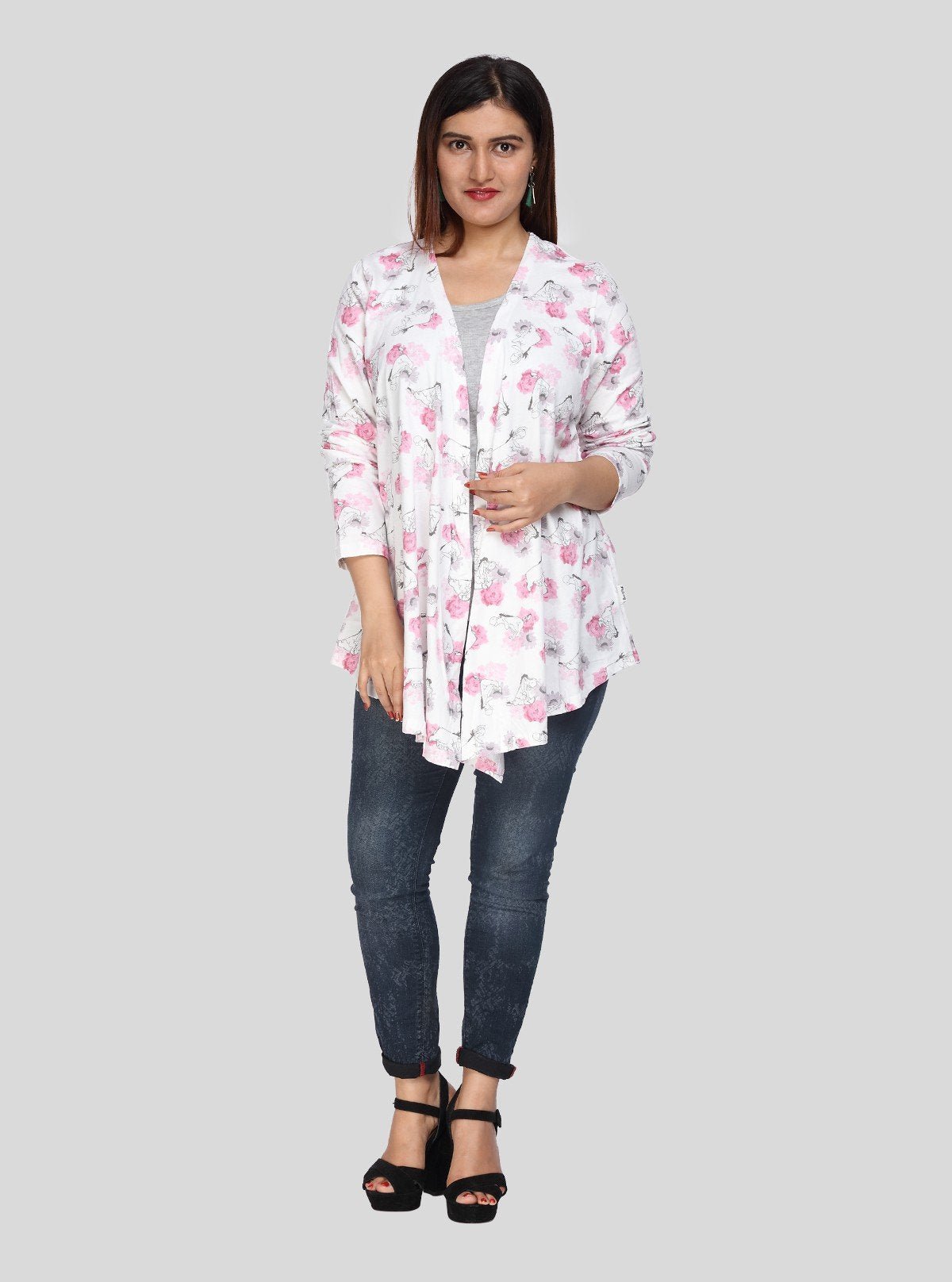 Women's White Cotton Shrug with All Over Pink Floral Print - Boer and Fitch