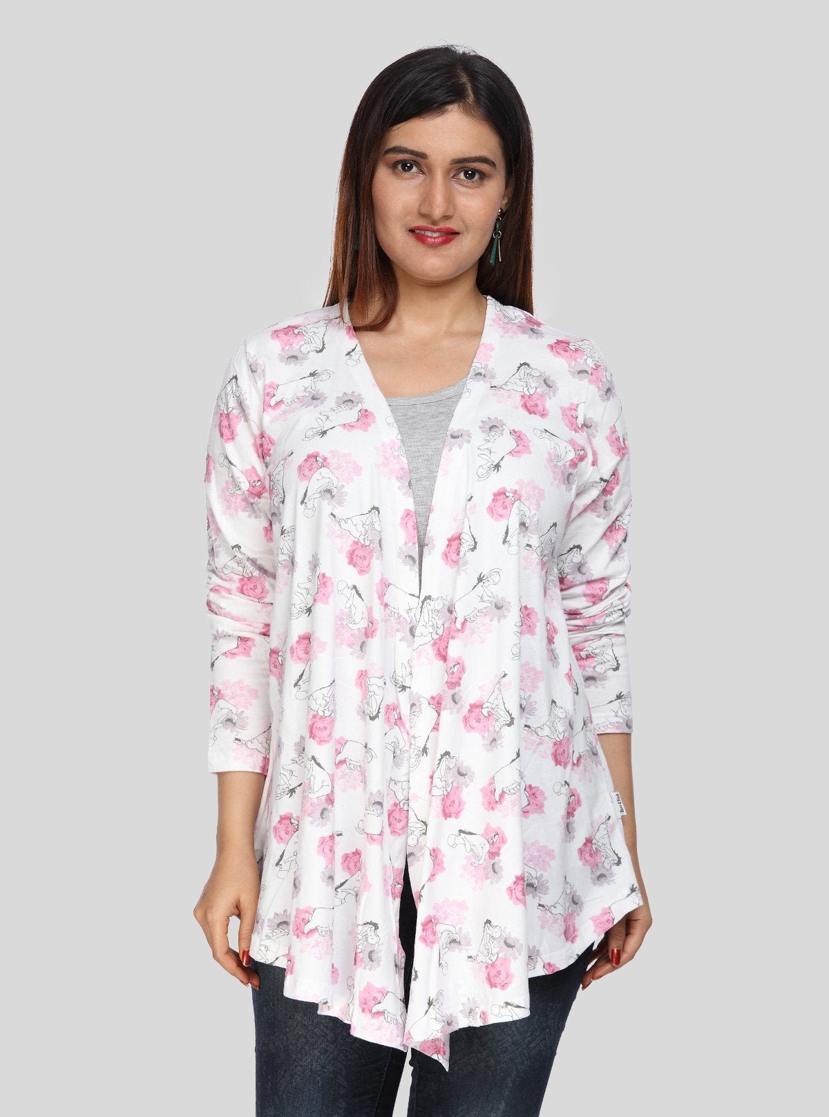 Women's White Cotton Shrug with All Over Pink Floral Print - Boer and Fitch