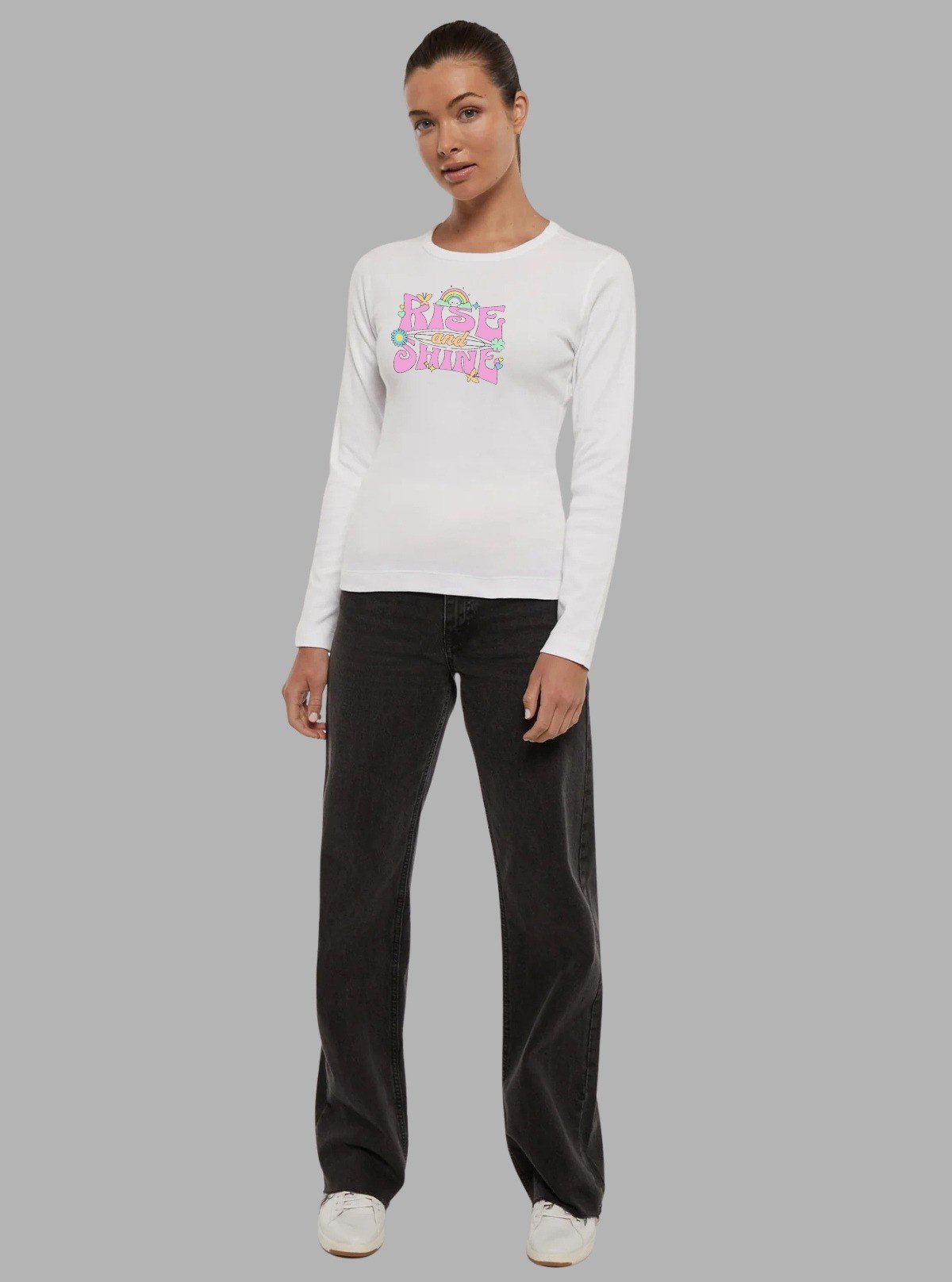 Women's White Crew Neck Holiday Print Long Sleeve Cotton Jersey T-Shirt by Boer and Fitch - Boer and Fitch