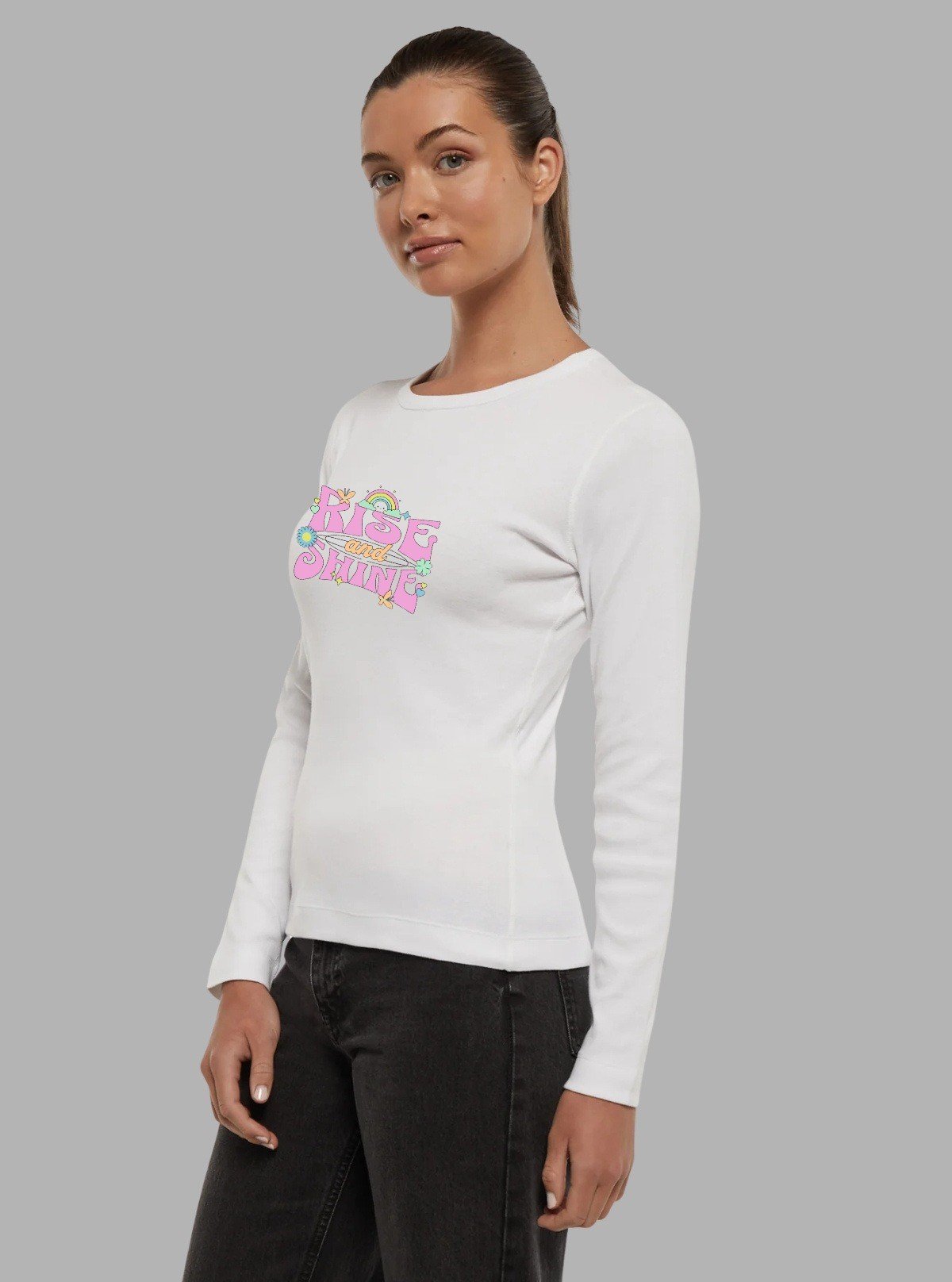 Women's White Crew Neck Holiday Print Long Sleeve Cotton Jersey T-Shirt by Boer and Fitch - Boer and Fitch