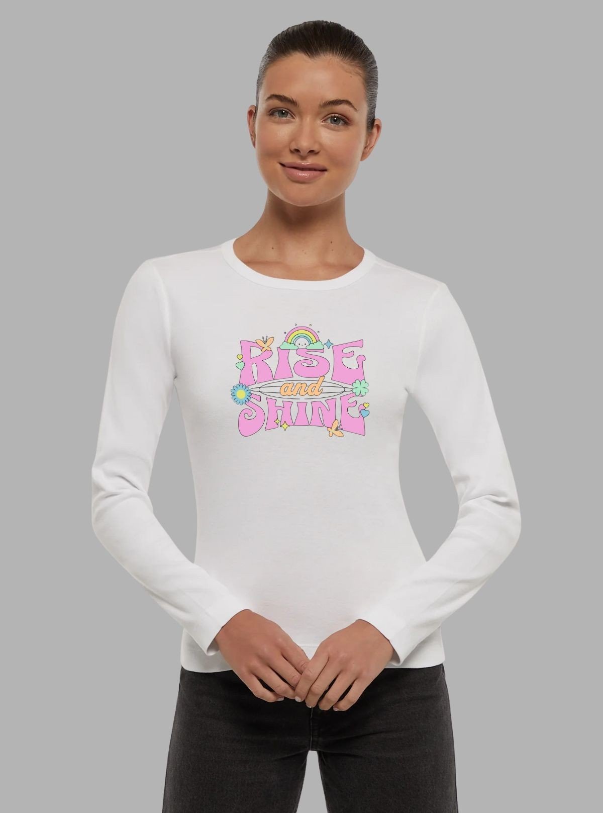 Women's White Crew Neck Holiday Print Long Sleeve Cotton Jersey T-Shirt by Boer and Fitch - Boer and Fitch
