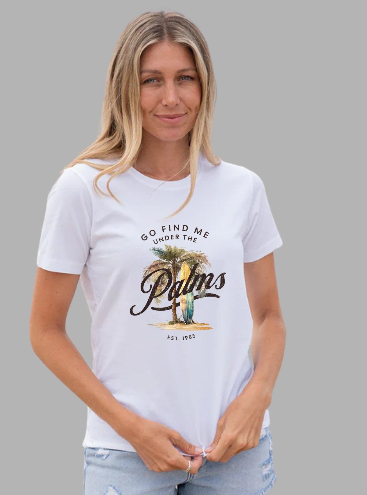 Women's White Crew Neck Palms Print Cotton Jersey Short Sleeve T-Shirt by Boer and Fitch - Boer and Fitch