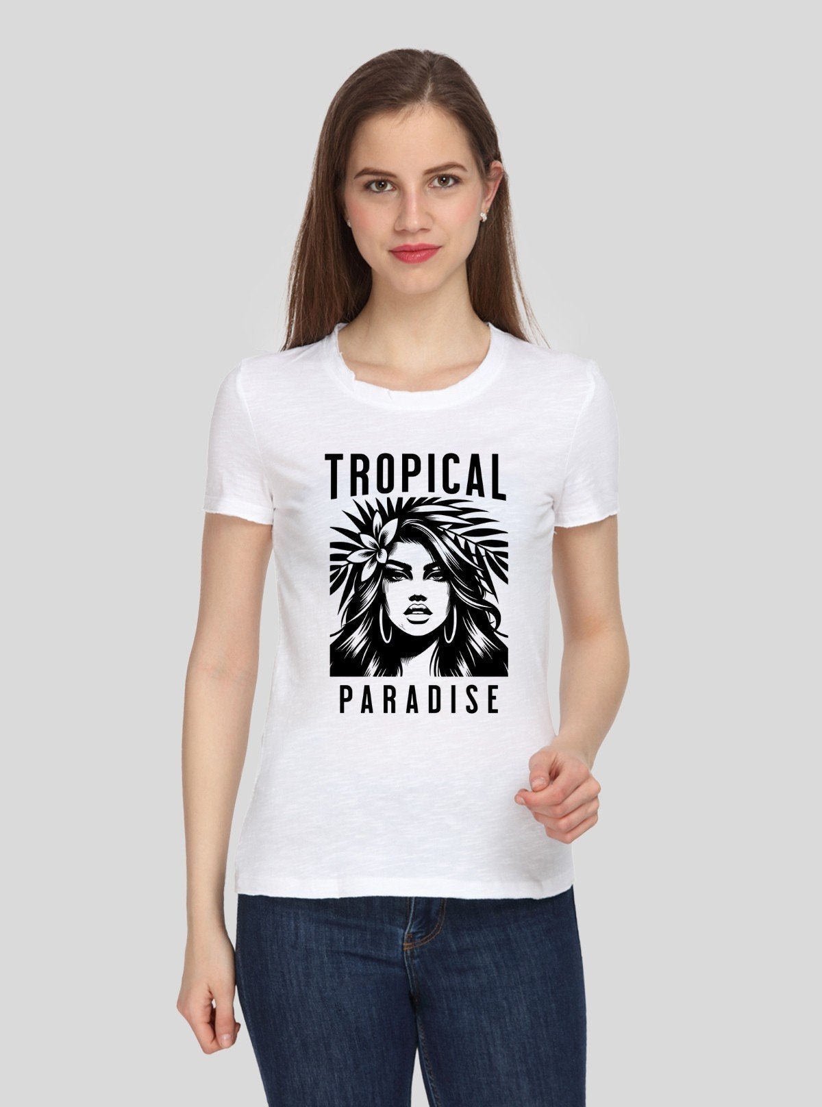 Women's White Crew Neck Tropical Print Cotton Jersey Short Sleeve T-Shirt by Boer and Fitch - Boer and Fitch