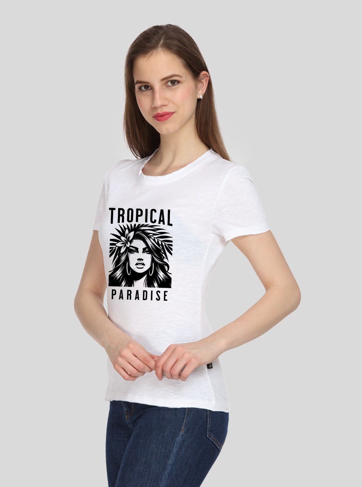 Women's White Crew Neck Tropical Print Cotton Jersey Short Sleeve T-Shirt by Boer and Fitch - Boer and Fitch