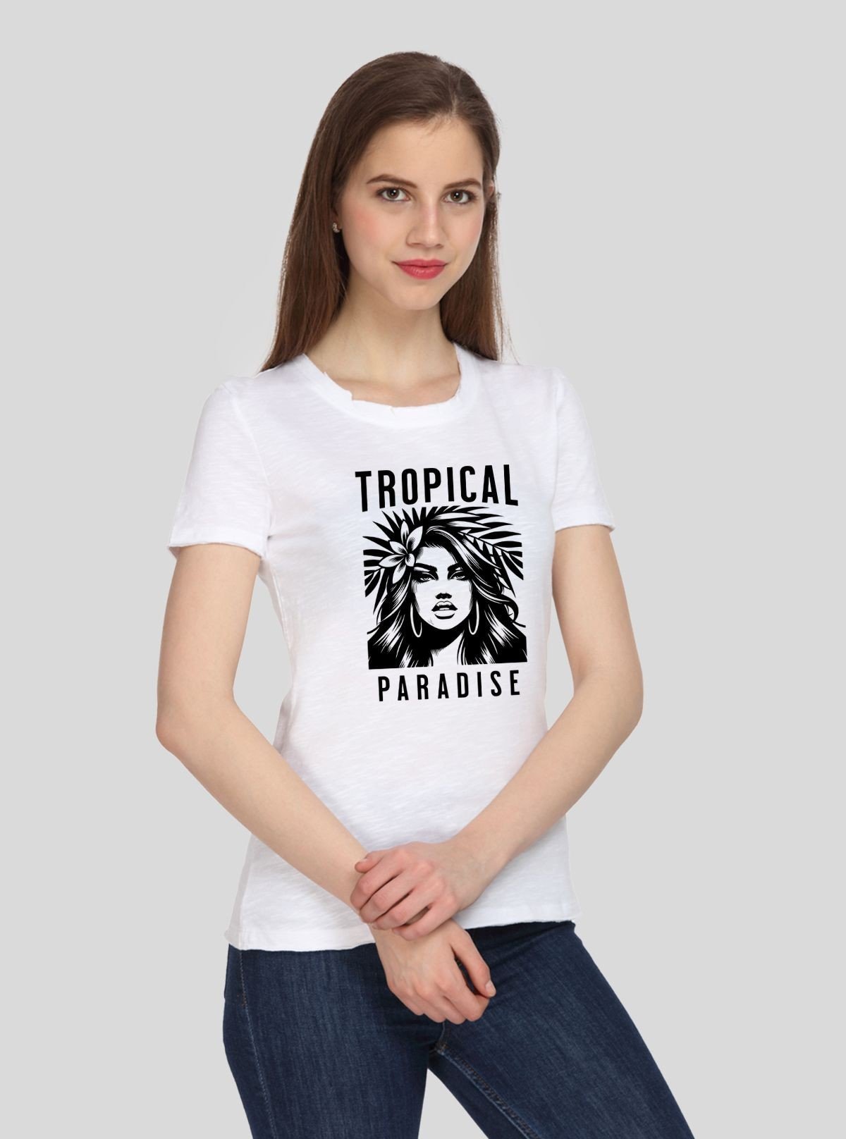 Women's White Crew Neck Tropical Print Cotton Jersey Short Sleeve T-Shirt by Boer and Fitch - Boer and Fitch