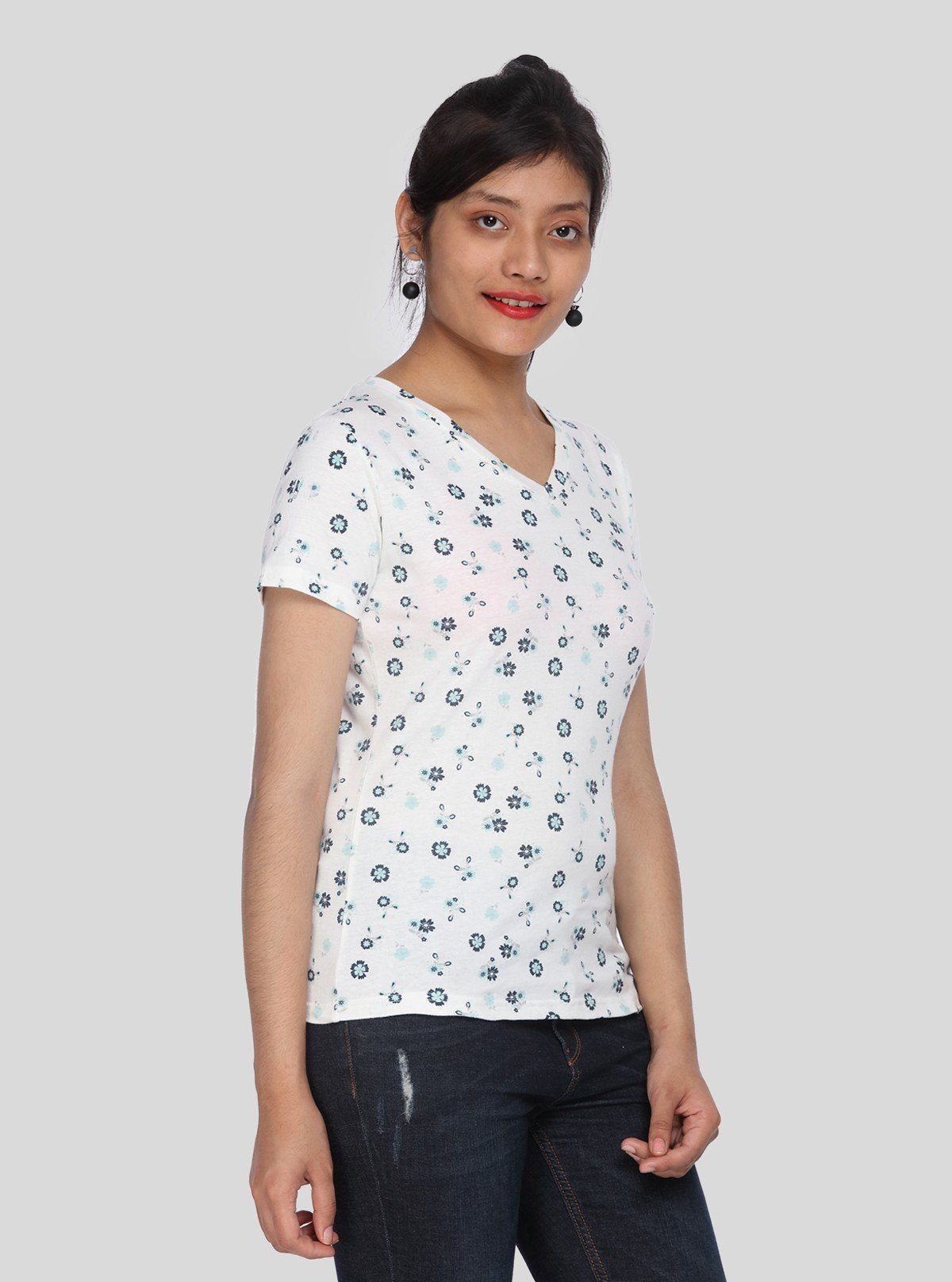 Women’s White Floral V - Neck Cotton Jersey Top – Boer and Fitch - Boer and Fitch