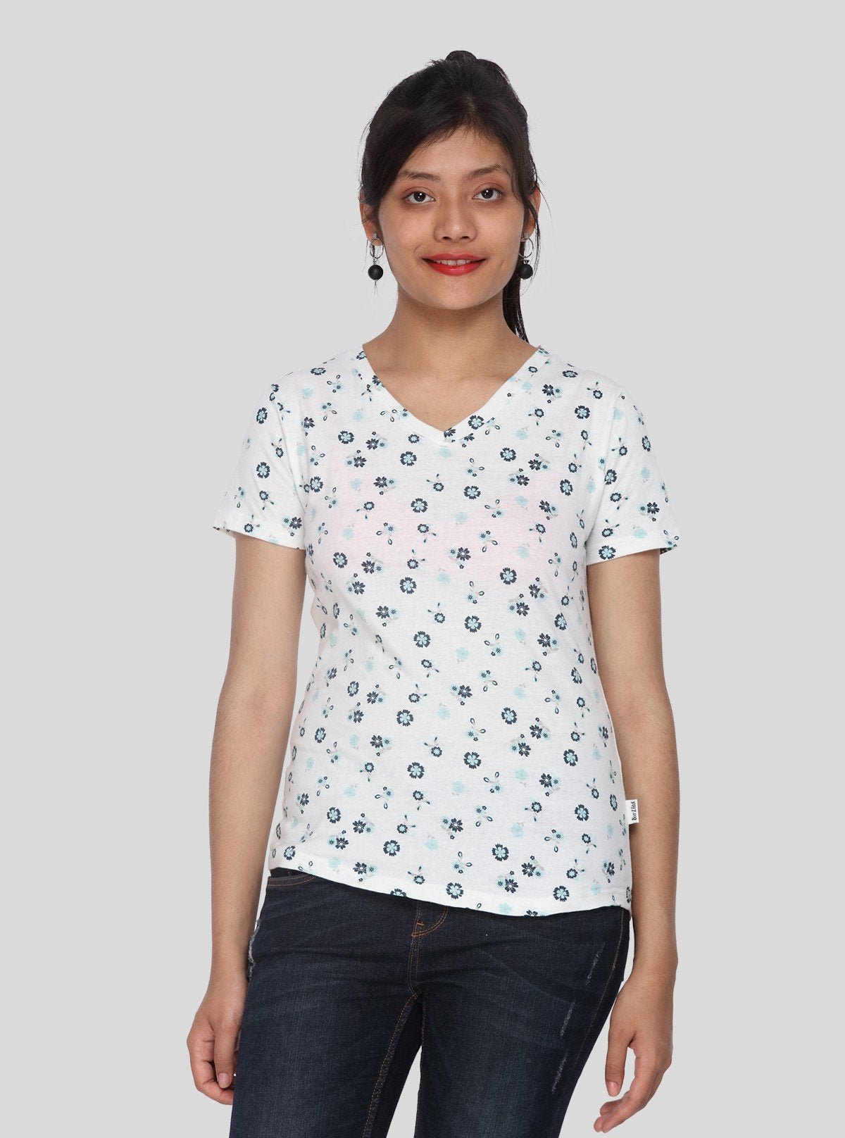 Women’s White Floral V - Neck Cotton Jersey Top – Boer and Fitch - Boer and Fitch